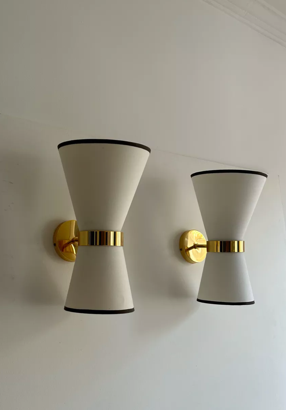 Pair of vintage wall lamps, solid brass and unbleached fabric, Italy 1980