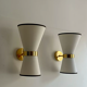 Pair of vintage wall lamps, solid brass and unbleached fabric, Italy 1980