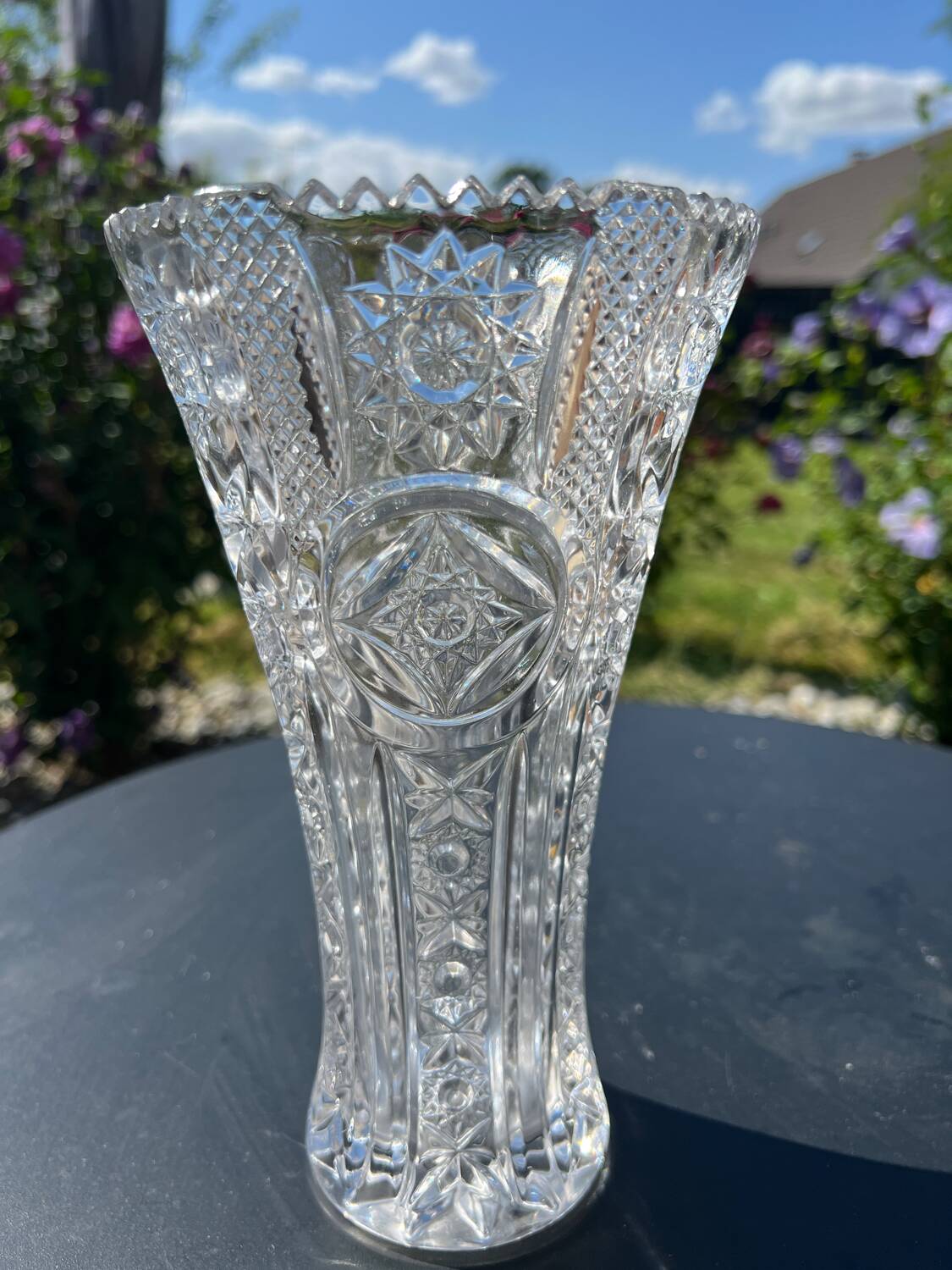 Large engraved and cut crystal vase
