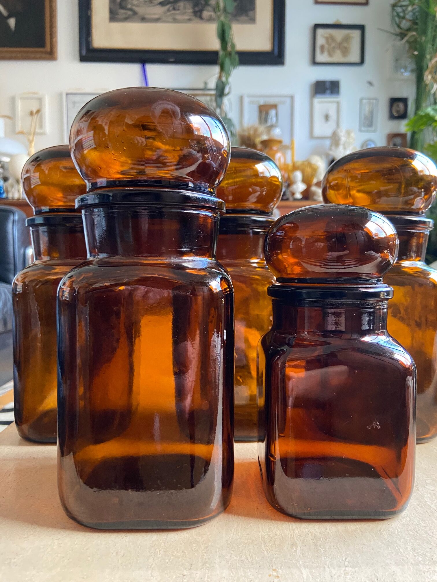 Set of 5 brown glass jars