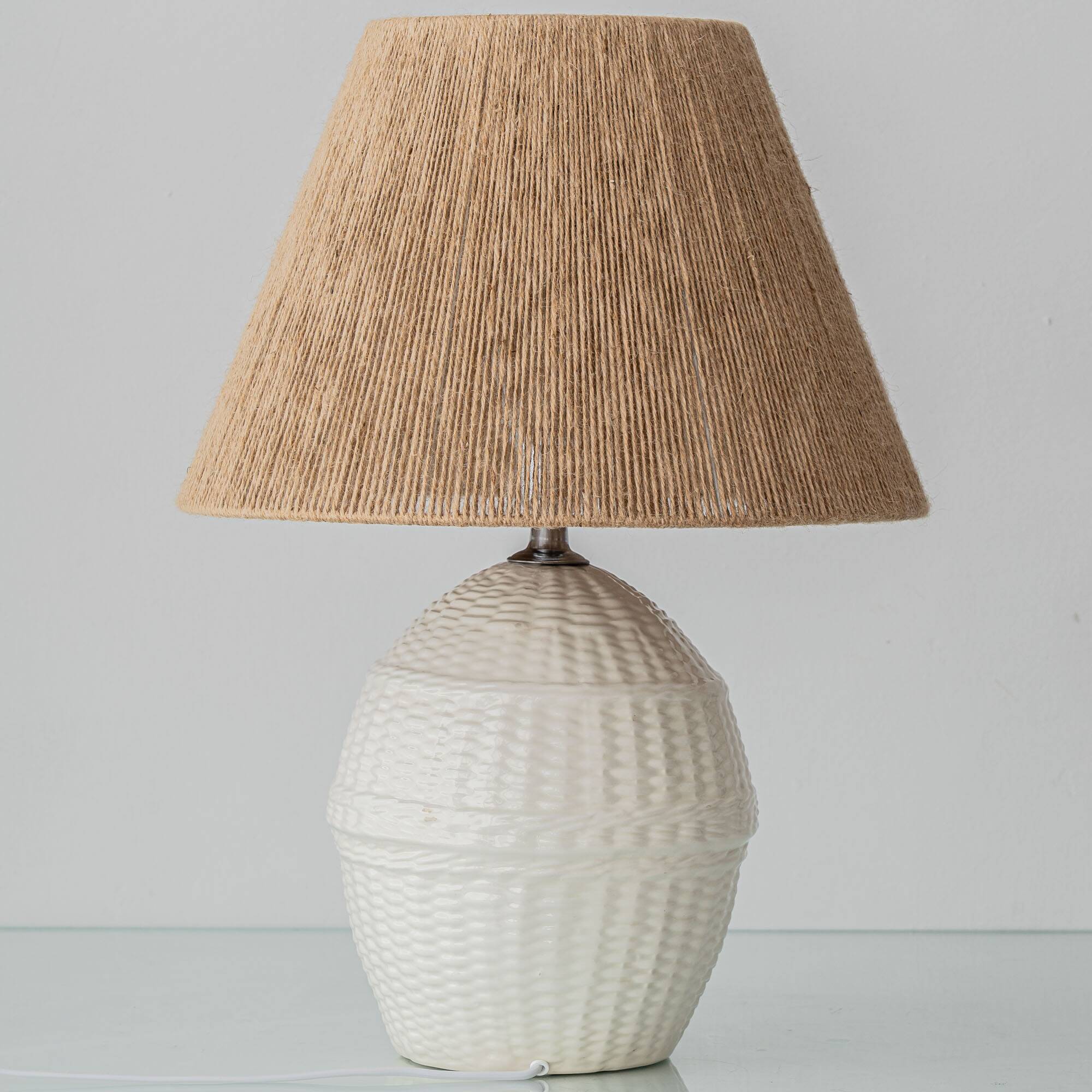 Pair of white ceramic table lamps with faux wicker texture, Spanish coastal design, 1970s