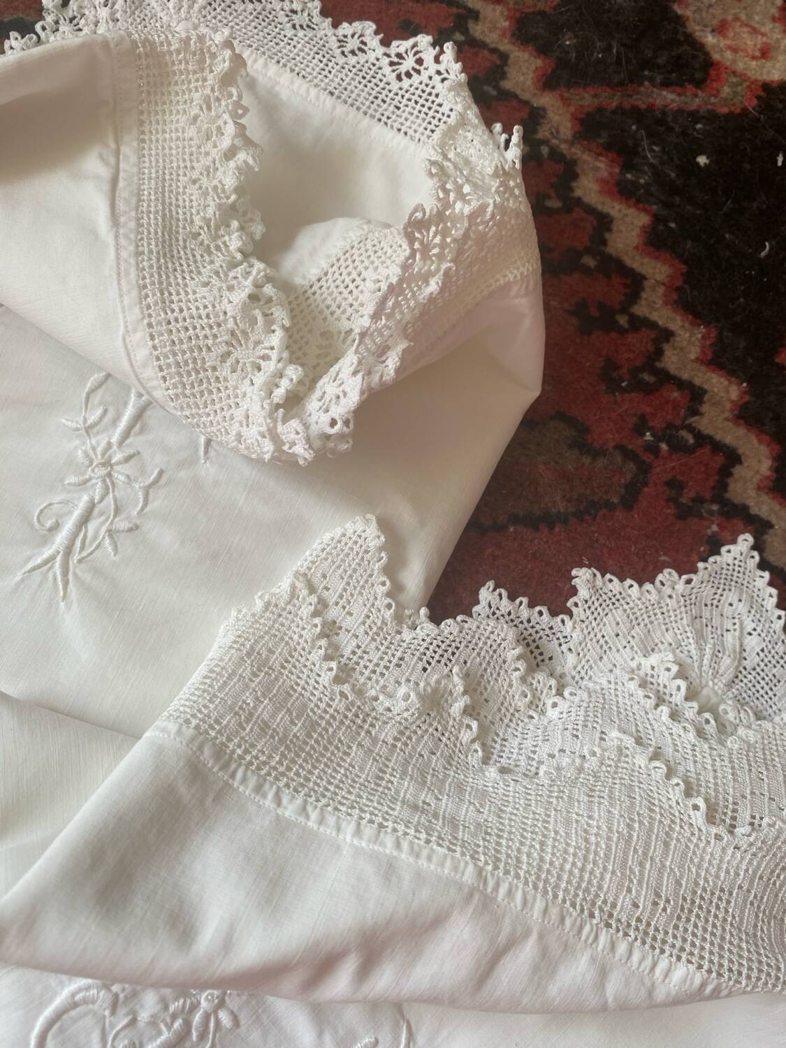 2 monogrammed JF trousseau pillowcases from the 30s.