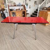 Vintage Lafague red formica set, 1 table, 6 chairs and 1 stool