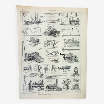Gravure ancienne 1898, Agriculture (récolte), ferme, outils • Lithographie, Planche originale