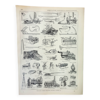 Gravure ancienne 1898, Agriculture (récolte), ferme, outils • Lithographie, Planche originale