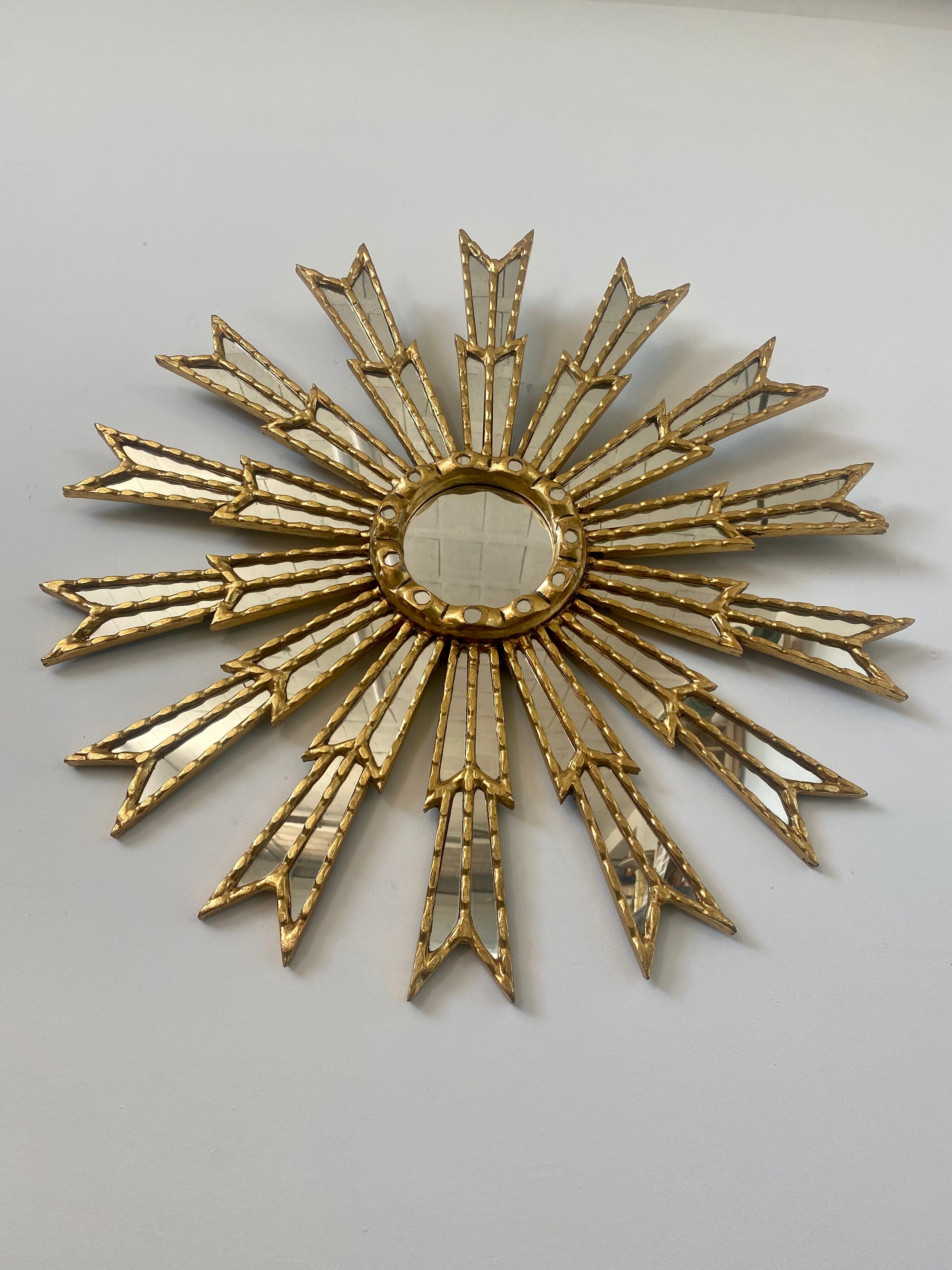 Mirror sun in gilded wood XXL facet mirror design year 60