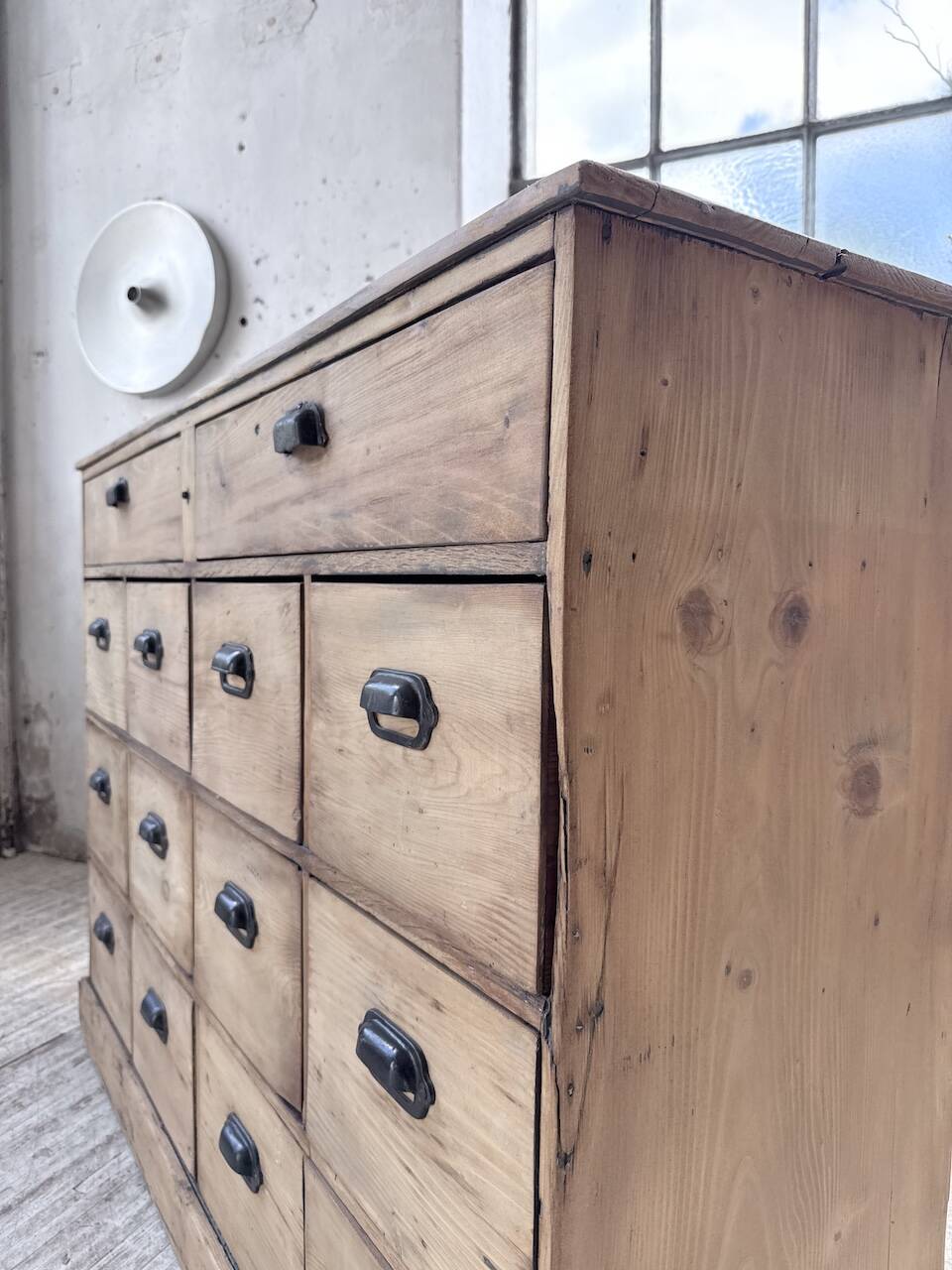 1950s pine workshop cabinet with drawers