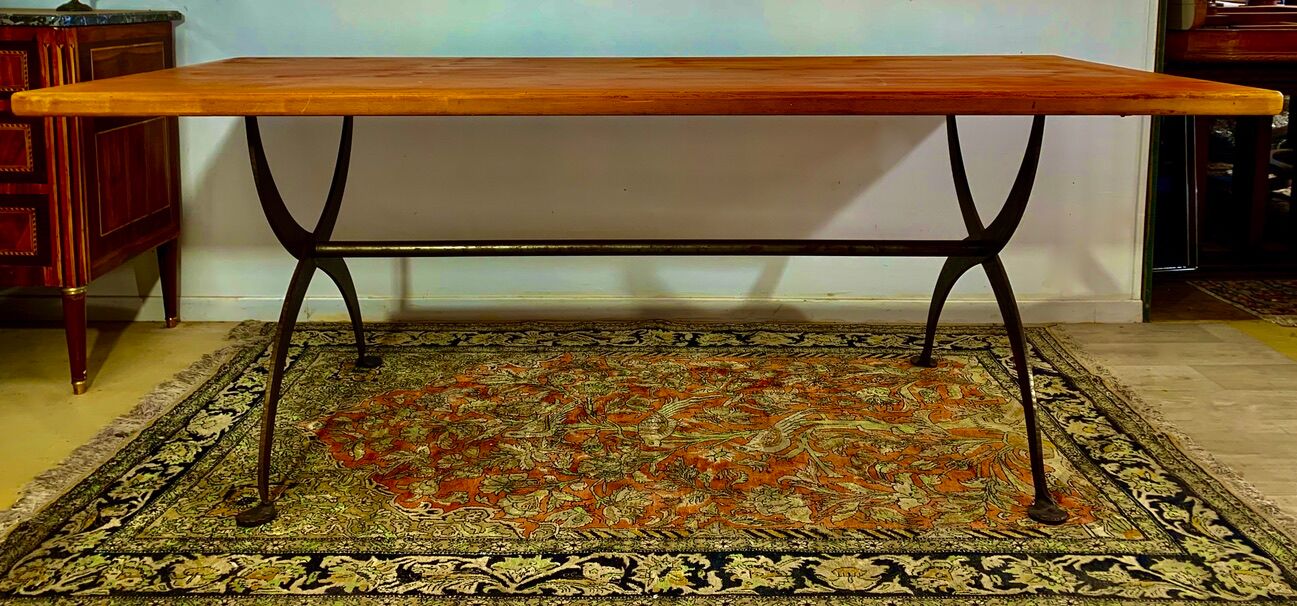 Rectangular wooden table, legs and spacer in hammered ironwork, 60s