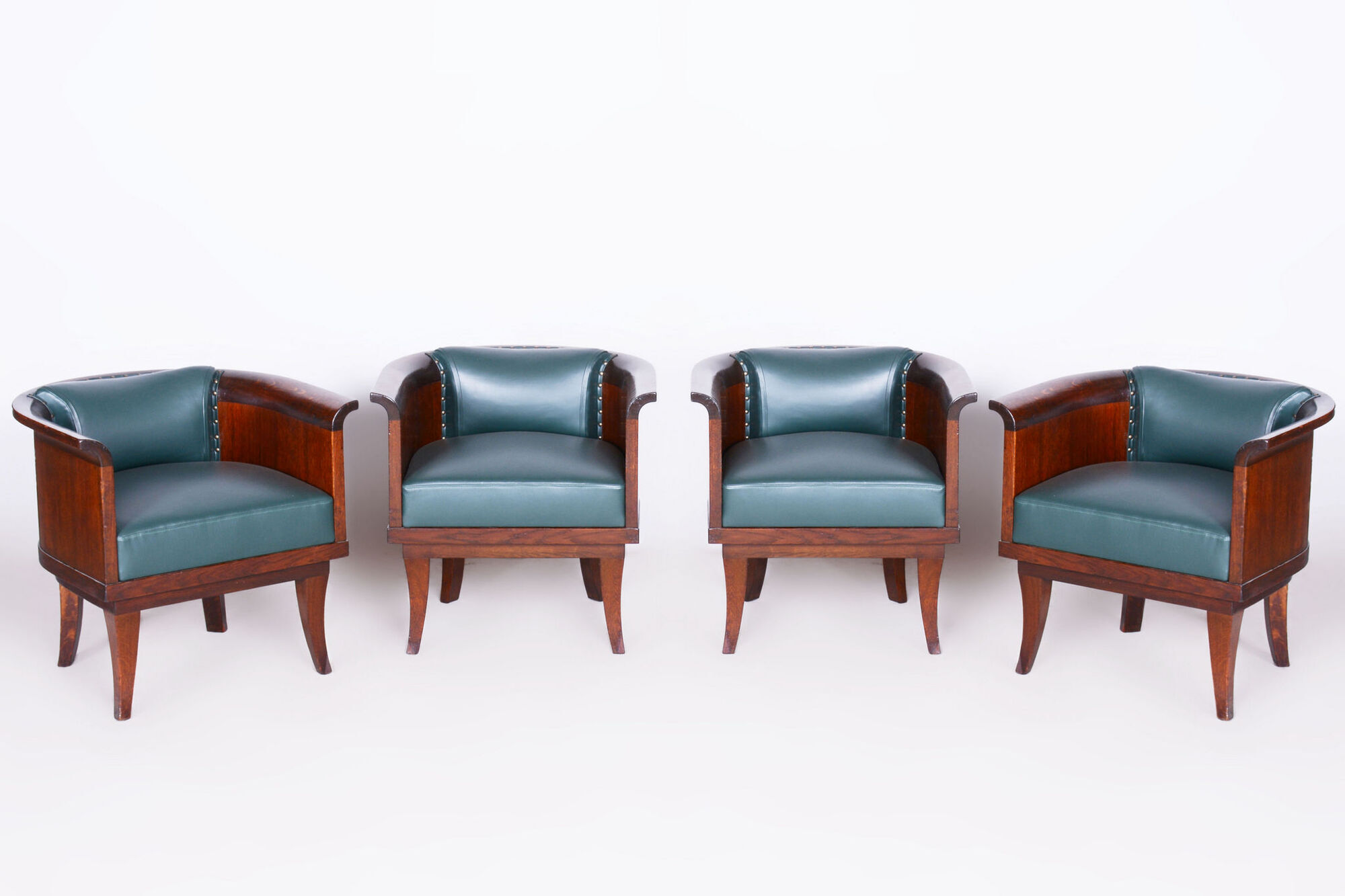 Restored ArtDeco Set of Four Oak Armchairs, High-Quality Leather, Czechia, 1920s