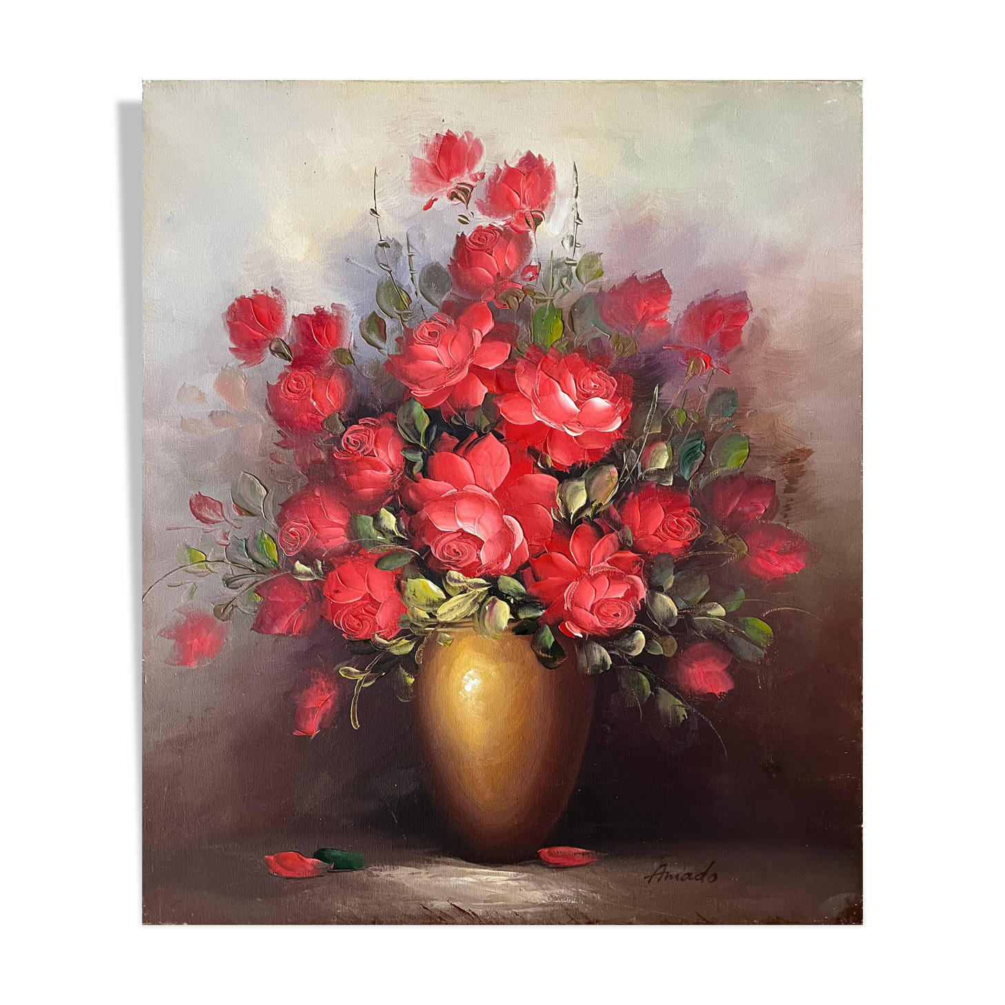 Tableau HST "Bouquet of roses in a vase" signed Amado (20th century)
