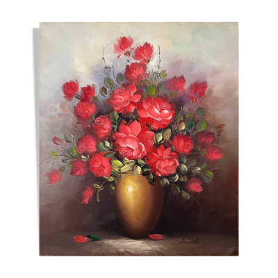 Tableau HST ''Bouquet de roses en vase'' signé Amado (éc. XX°)