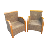 Lot de quatre fauteuils en rotin et bois