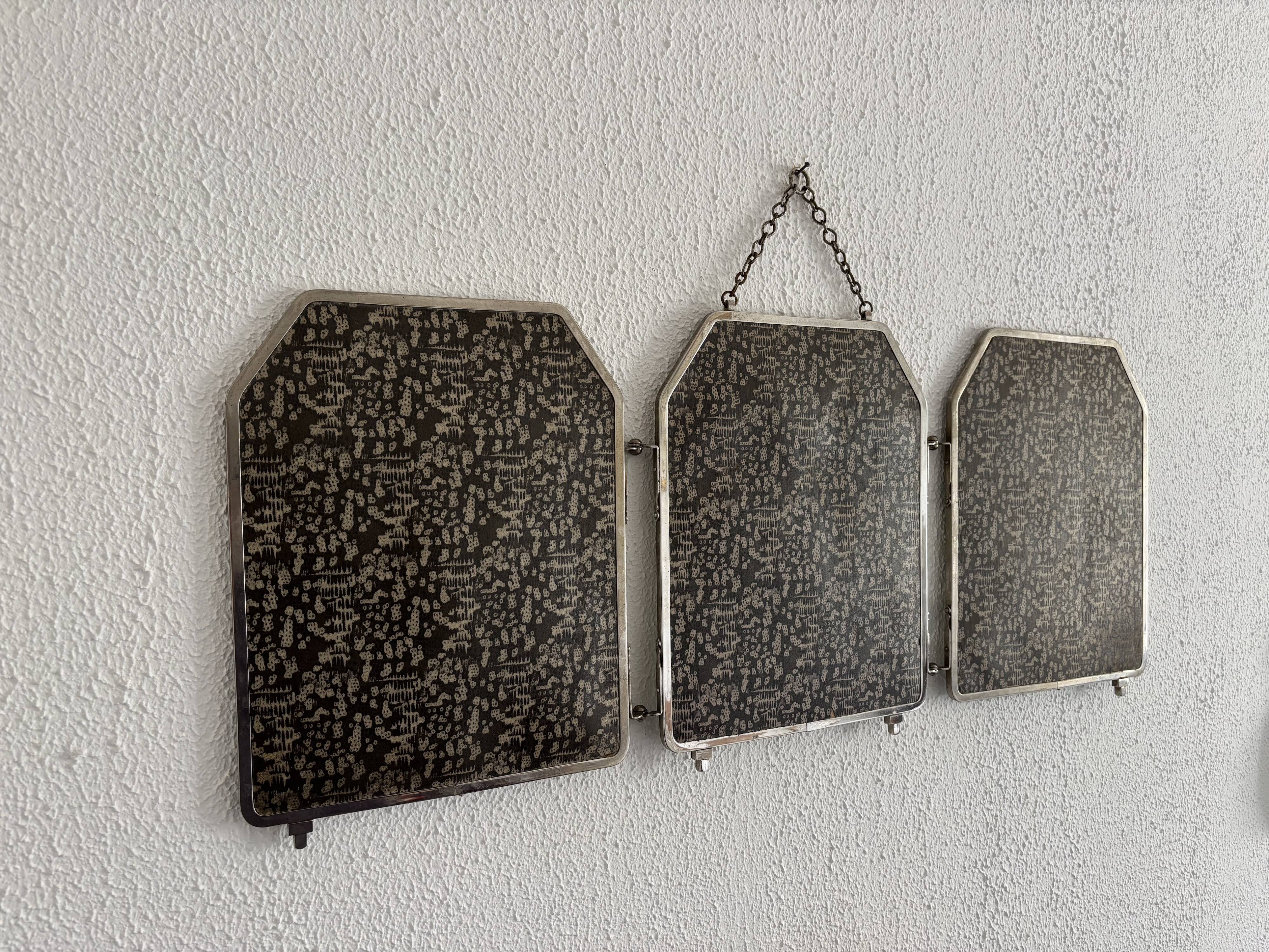 Miroir vintage 1920 triptyque barbier Art Déco cristal hexagone- 33 x 78 cm