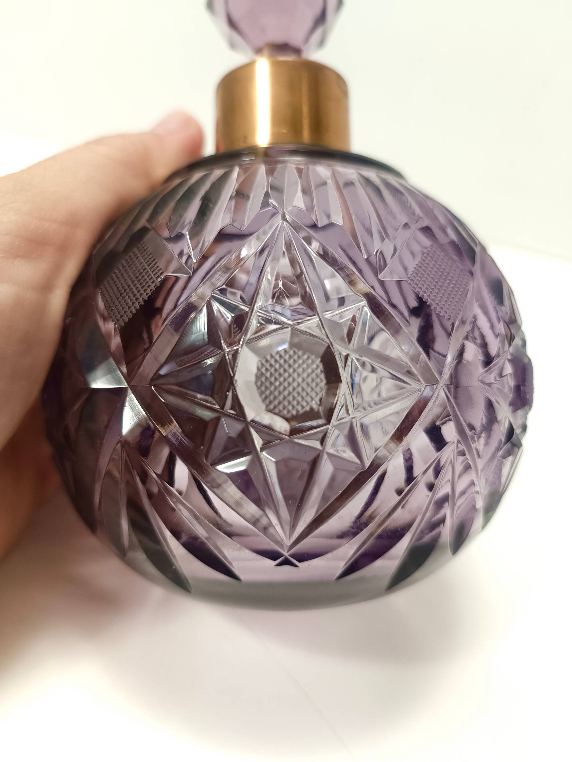 Lilac Hand Cut Crystal Glass And Brass Parfume Bottle, Italy