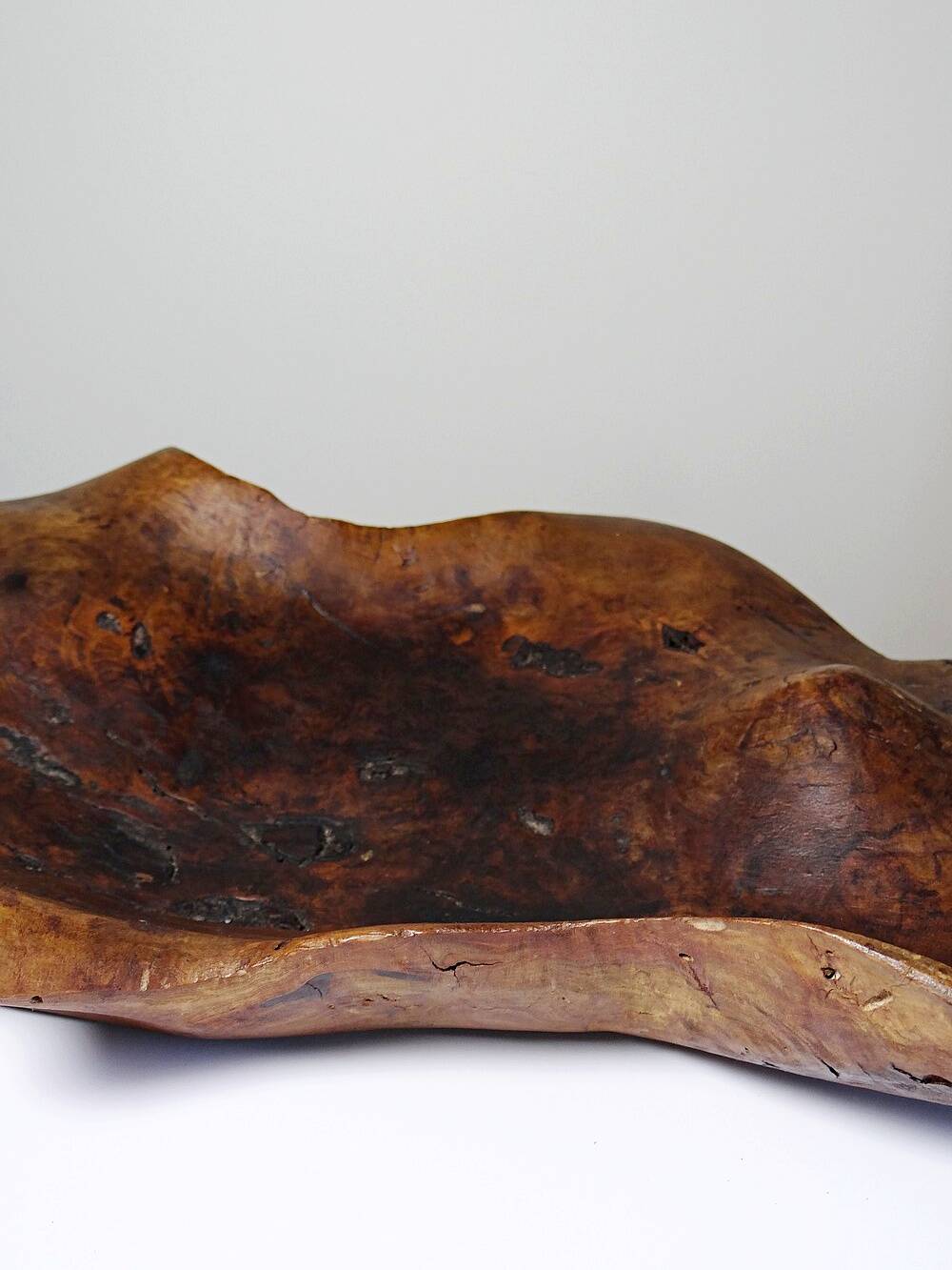 Large monoxyl bowl in dark raw olive wood from the 50s