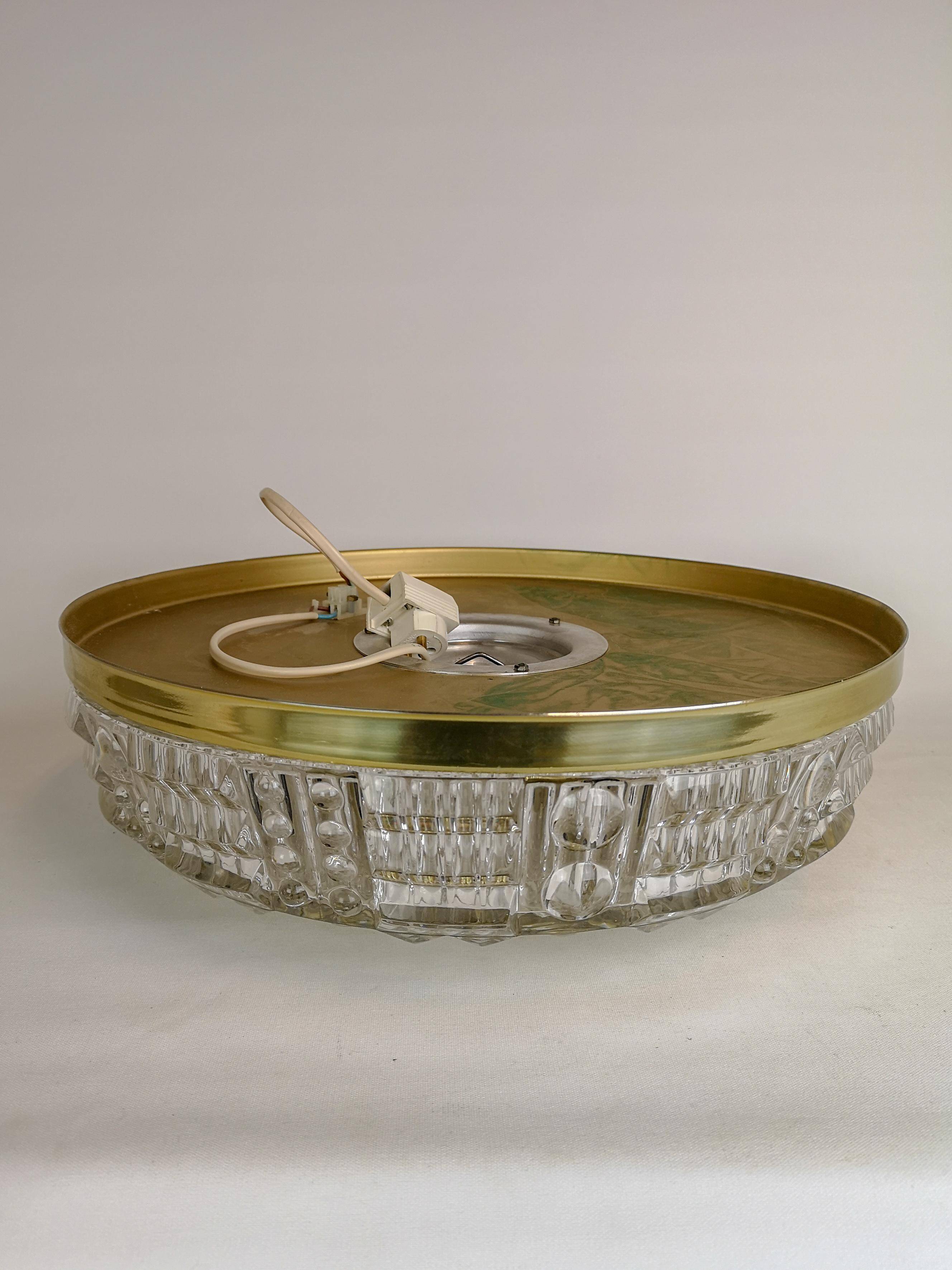 Midcentury crystal and brass ceiling lamp by Orrefors, Carl Fagerlund, 1970s, Sweden.