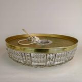 Midcentury crystal and brass ceiling lamp by Orrefors, Carl Fagerlund, 1970s, Sweden.