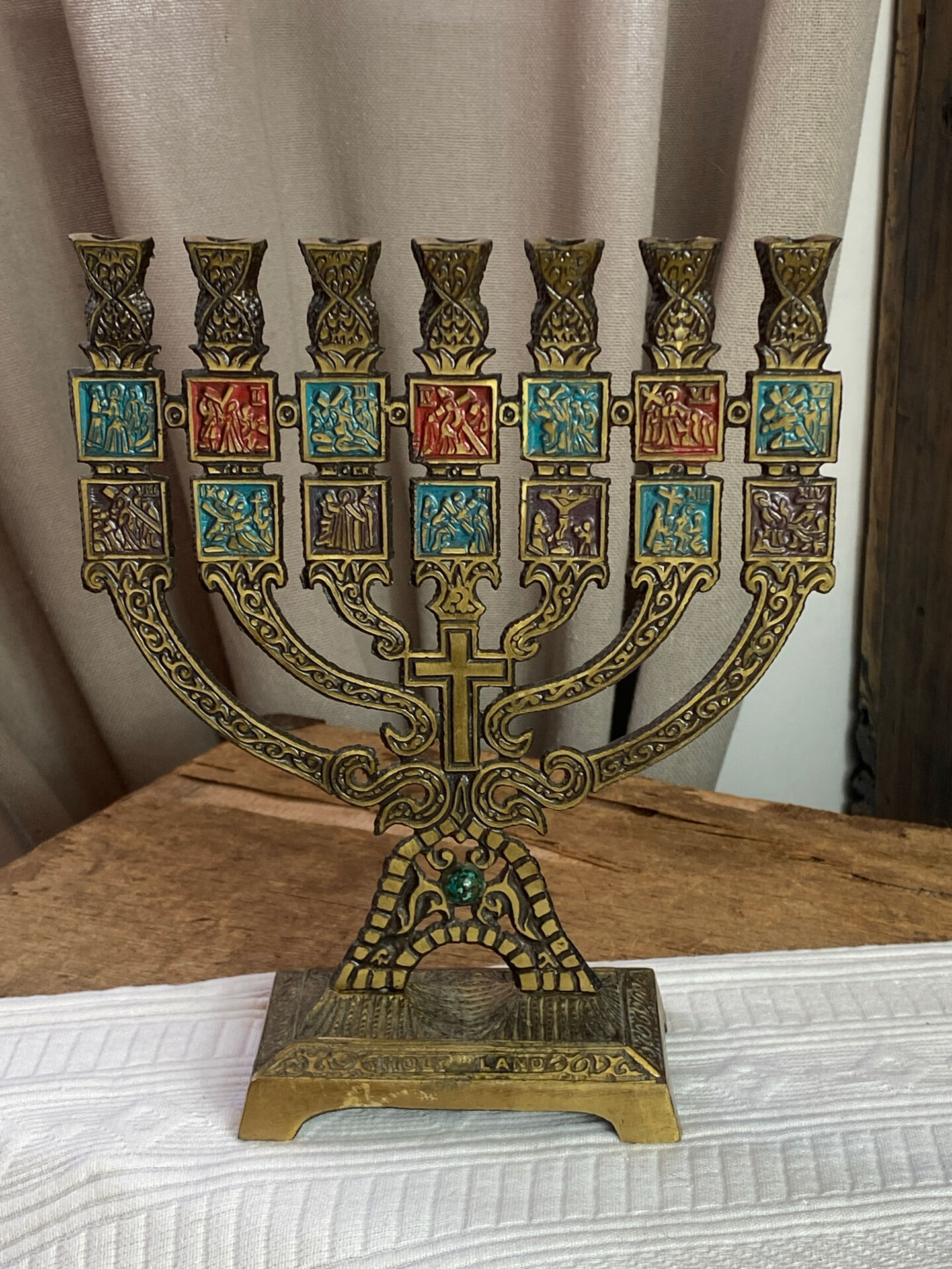 Seven-branched candelabrum, Judeo-Christian, brass and enamel