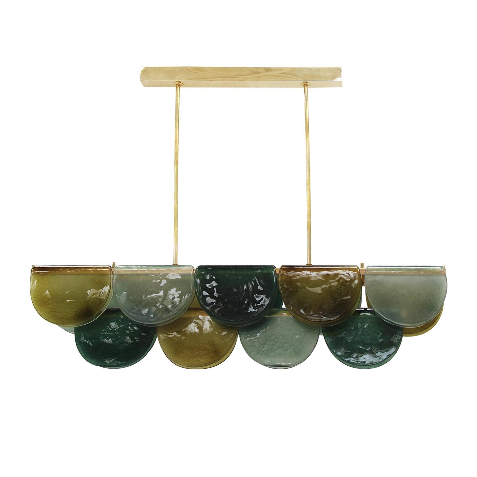 Contemporary Elongated Green Murano Glass and Brass Ceiling Lamp, Italy