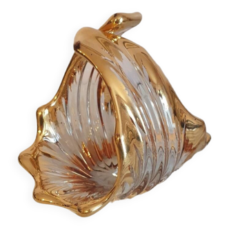 Vide poche panier en cristal doré à l'or fin cristallerie royale de bayel années 50