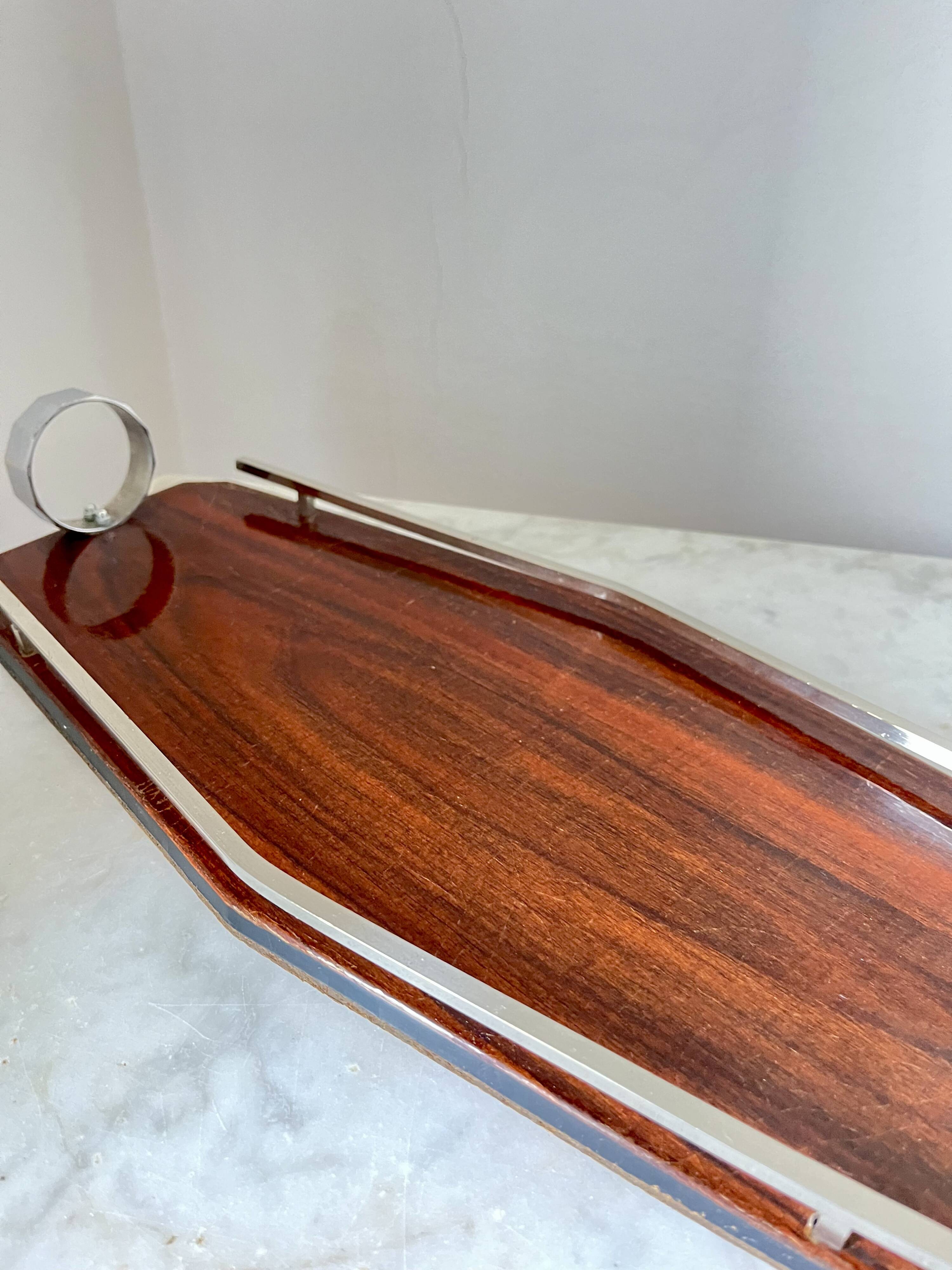 Plateau de service Art déco en bois et chrome – Design géométrique, vintage années 1930