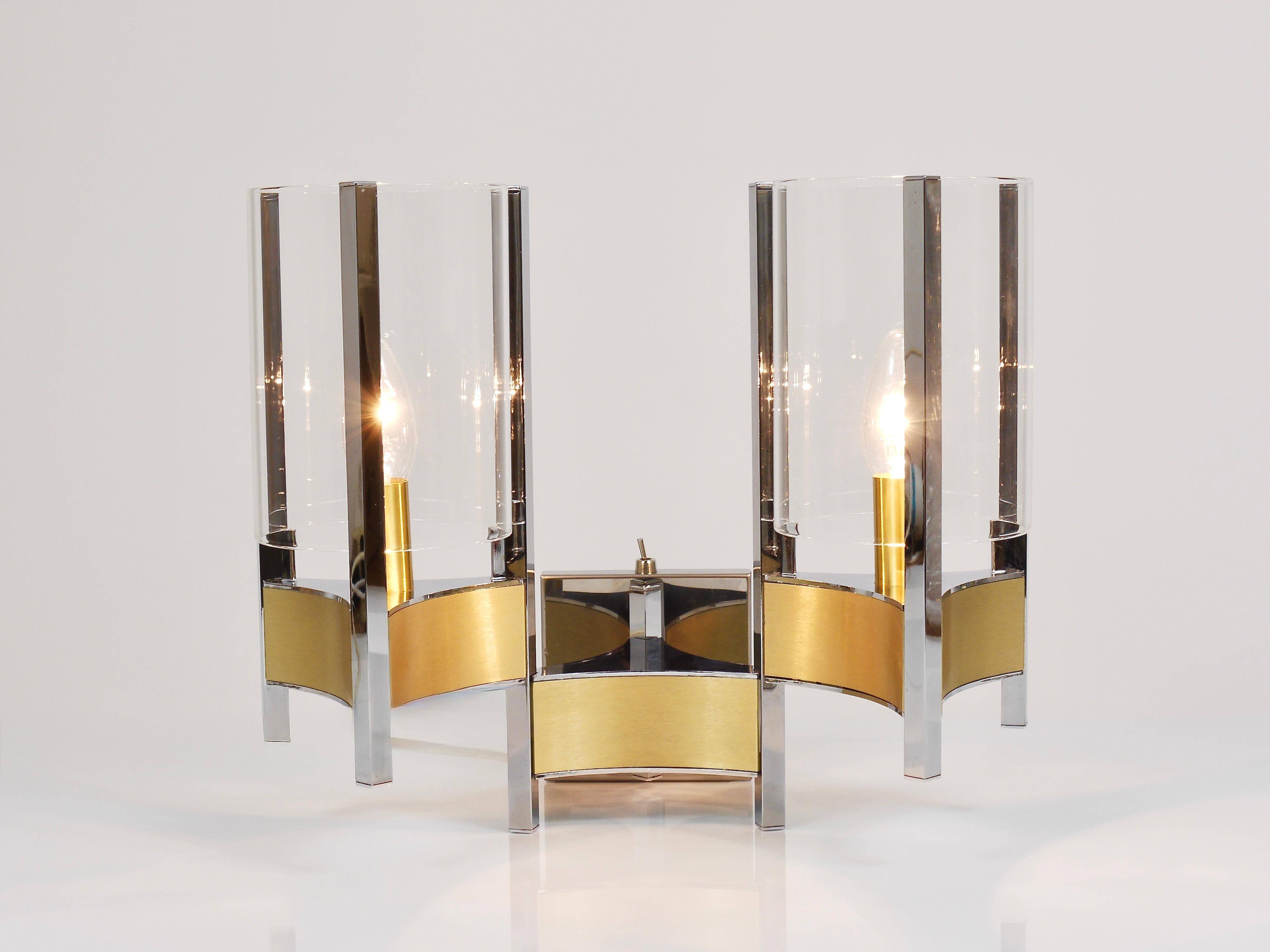Gaetano Sciolari Large Wall Sconces / Sconces, Chrome, Brass, Glass, 1970s