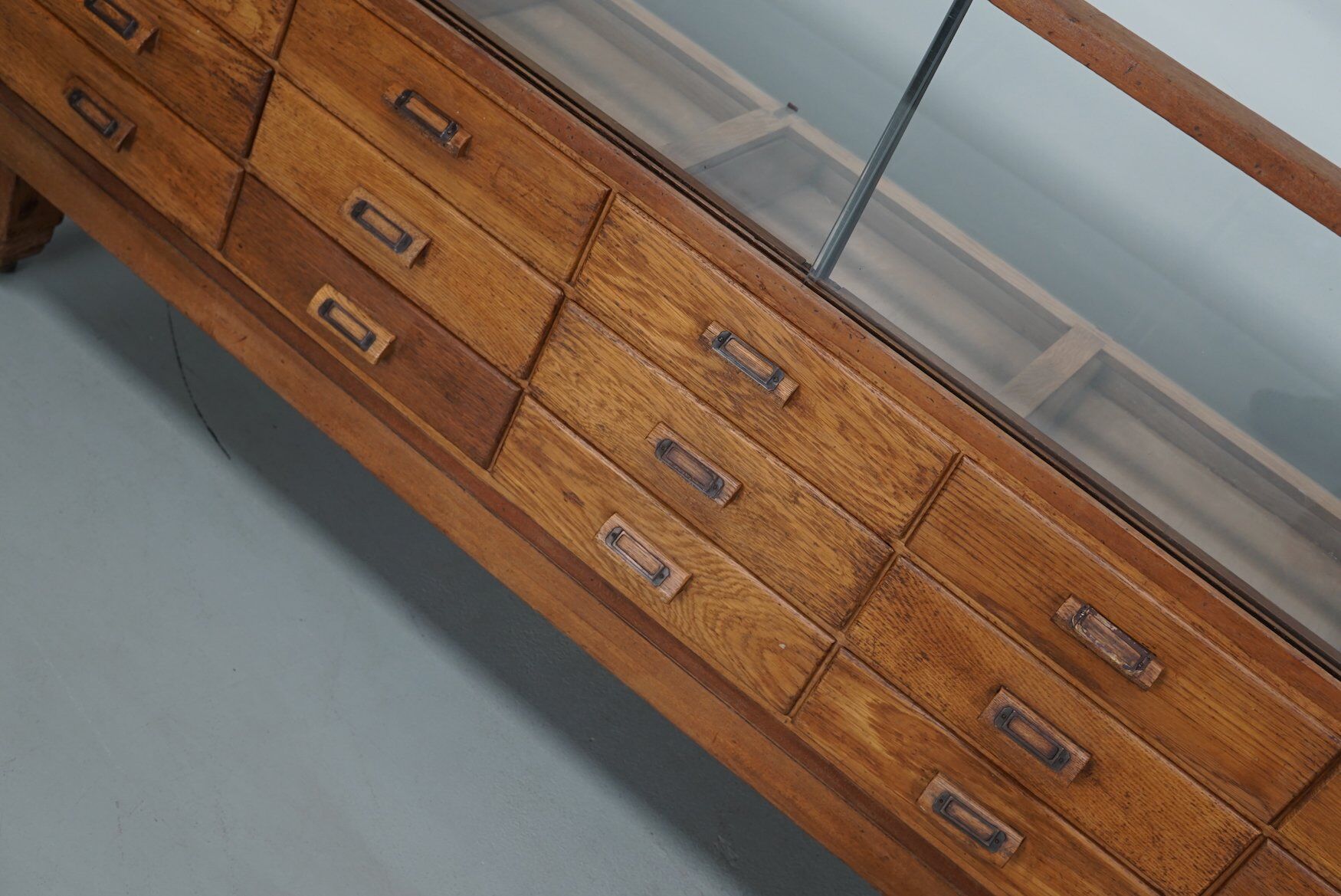 Antique British oak haberdashery cabinet, 1930s