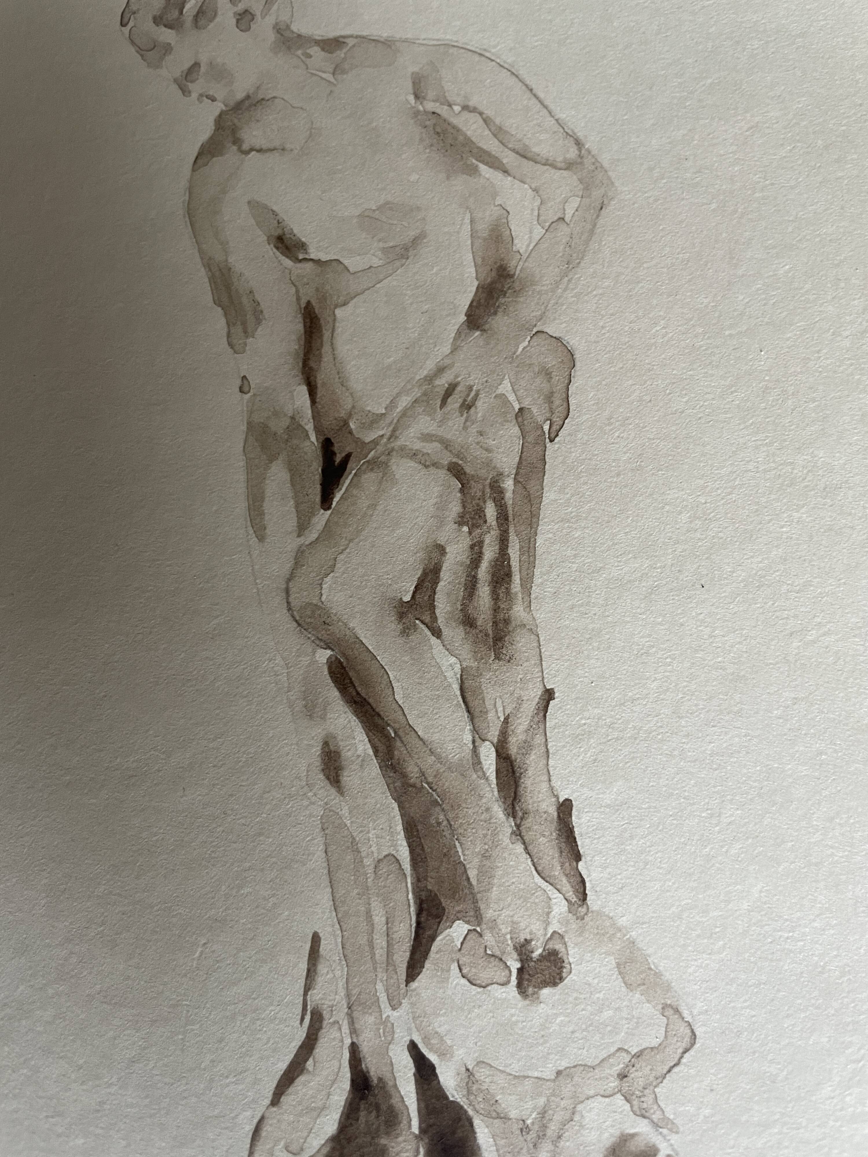 Tableau signé aquarelle monochrome étude dessin statue musée classique « sortie du bain »