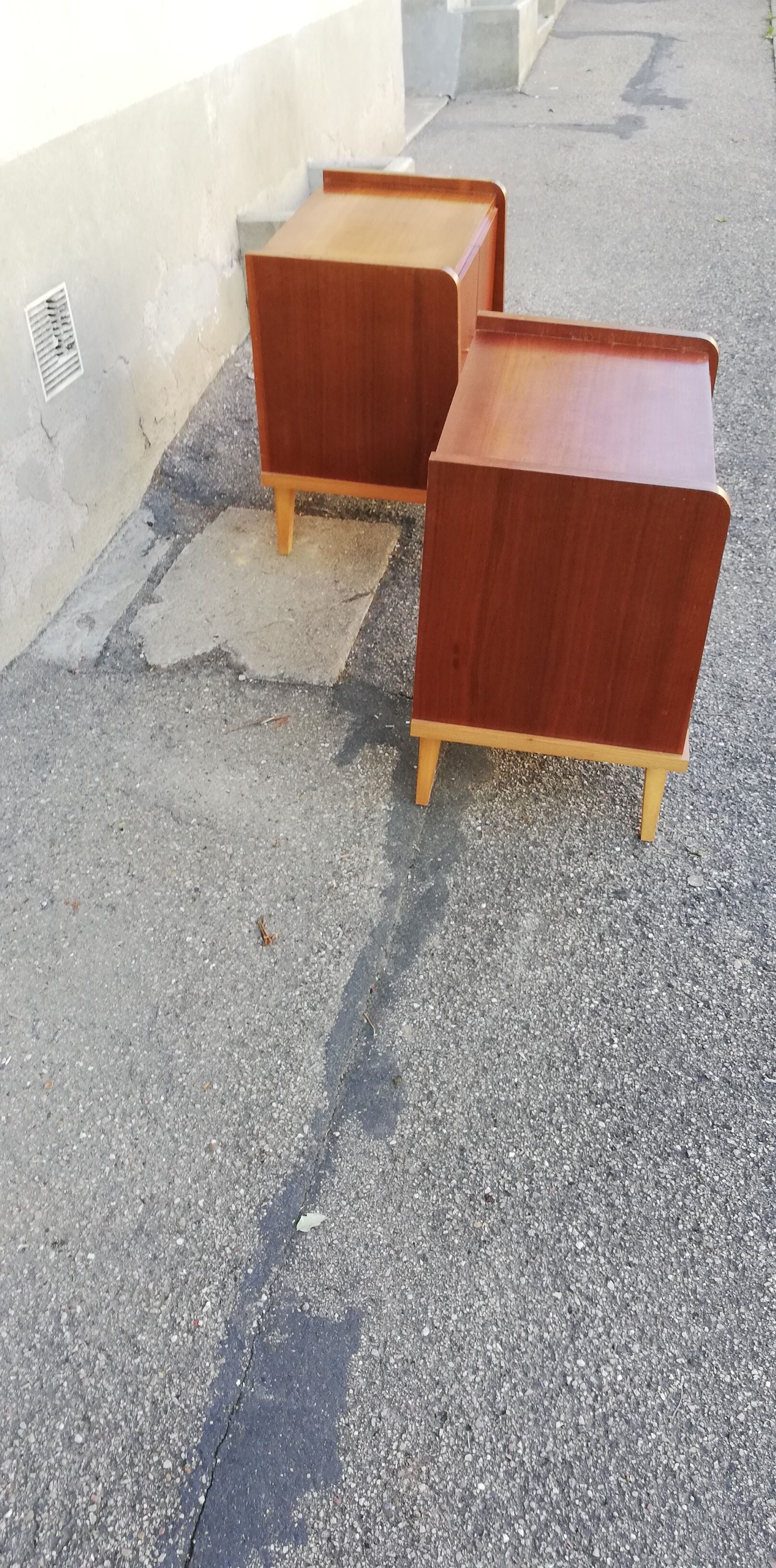 Pair of vintage wooden bedside tables 2 tones