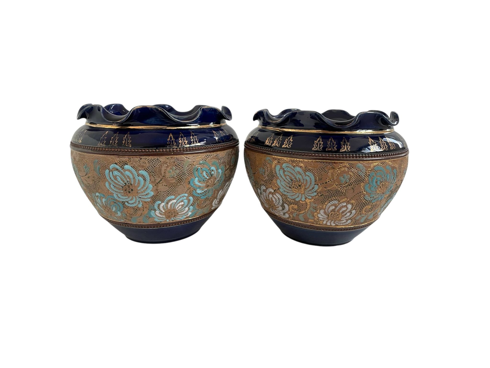 Pair, cache pots, royal doulton, english earthenware, 1920-1930, floral decoration, blue and gold, marks in