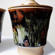 A pair of vintage stoneware pots from the 80s-90s with a Japanese style, signed handmade pottery.