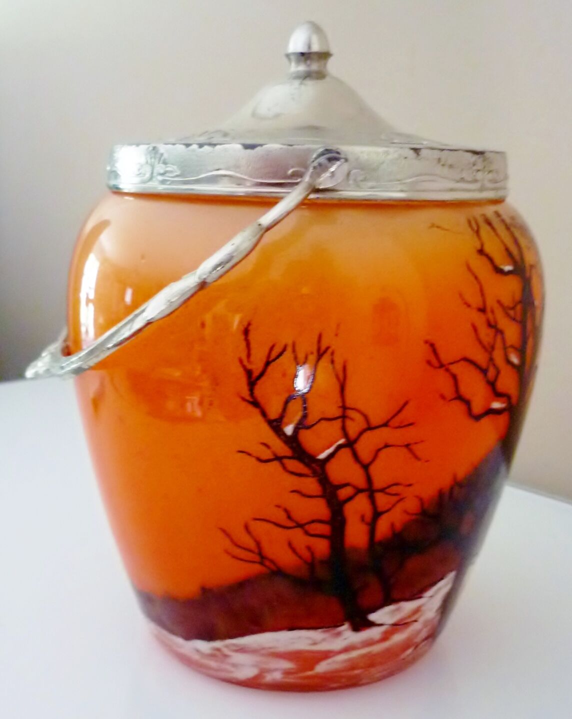 Seau, pot à biscuits ancien, verre soufflé, émaillé, ateliers Legras, art nouveau
