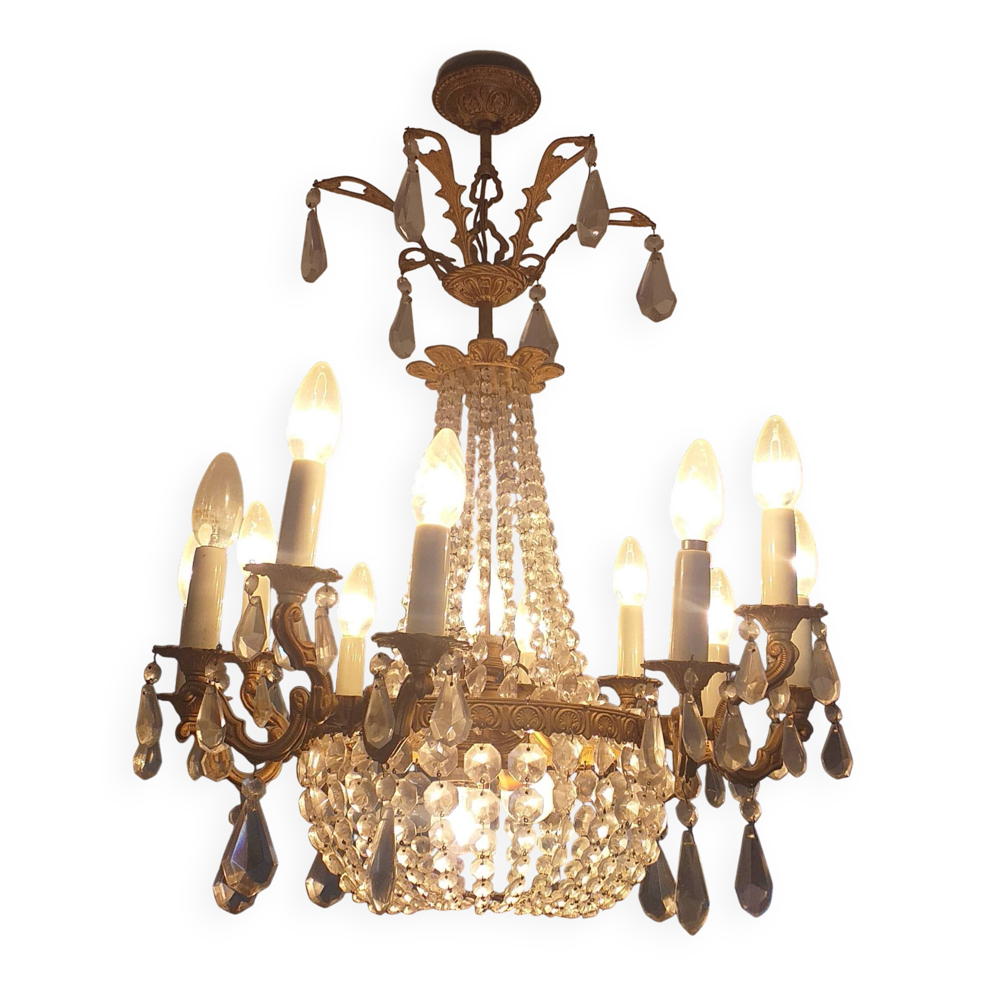 Lustre baroque véritable cristal de bohème et bronze 12 branches