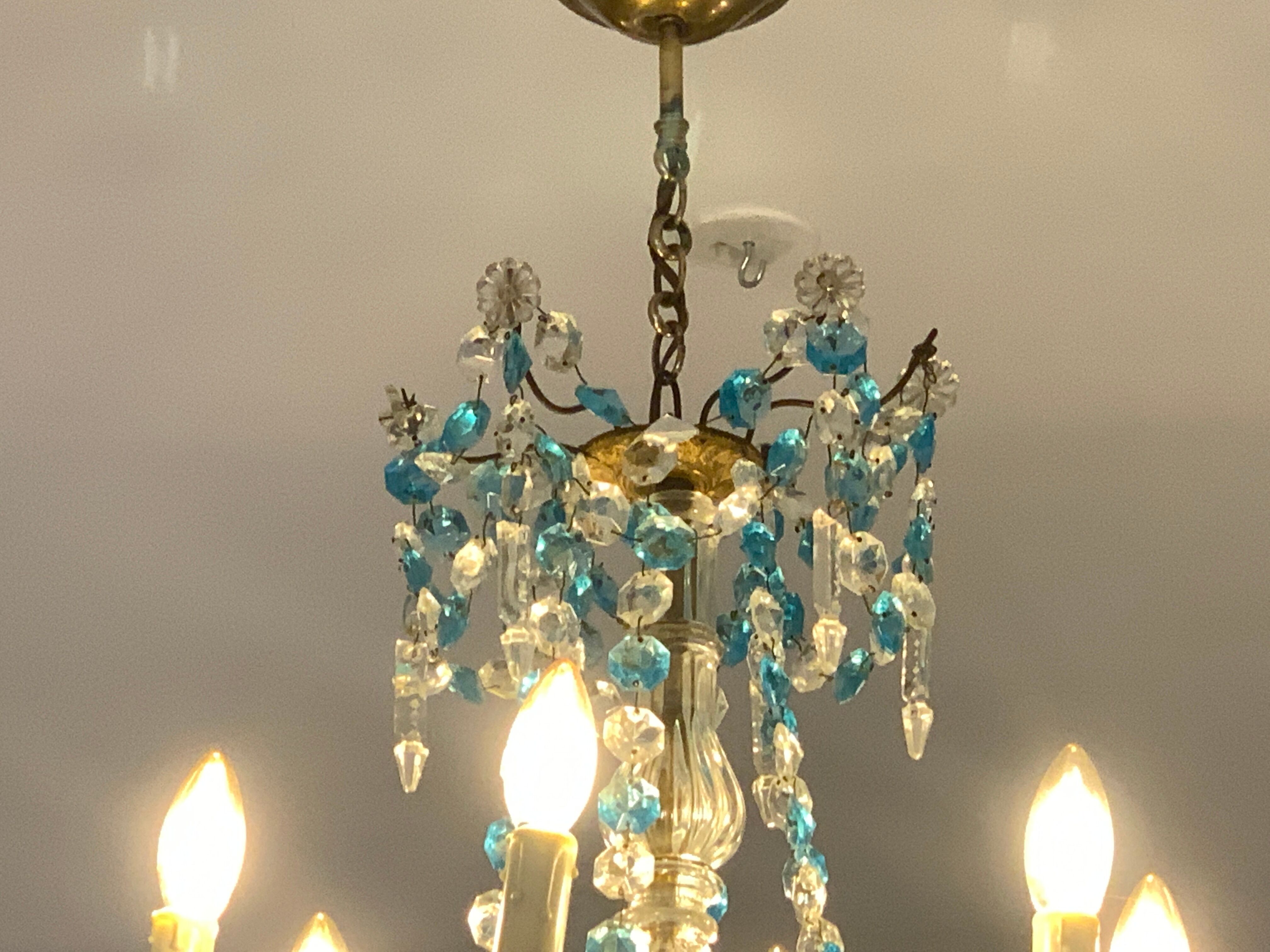 Chandelier with blue crystal pimples, 6 lights, Baccarat, 1950, art nouveau style
