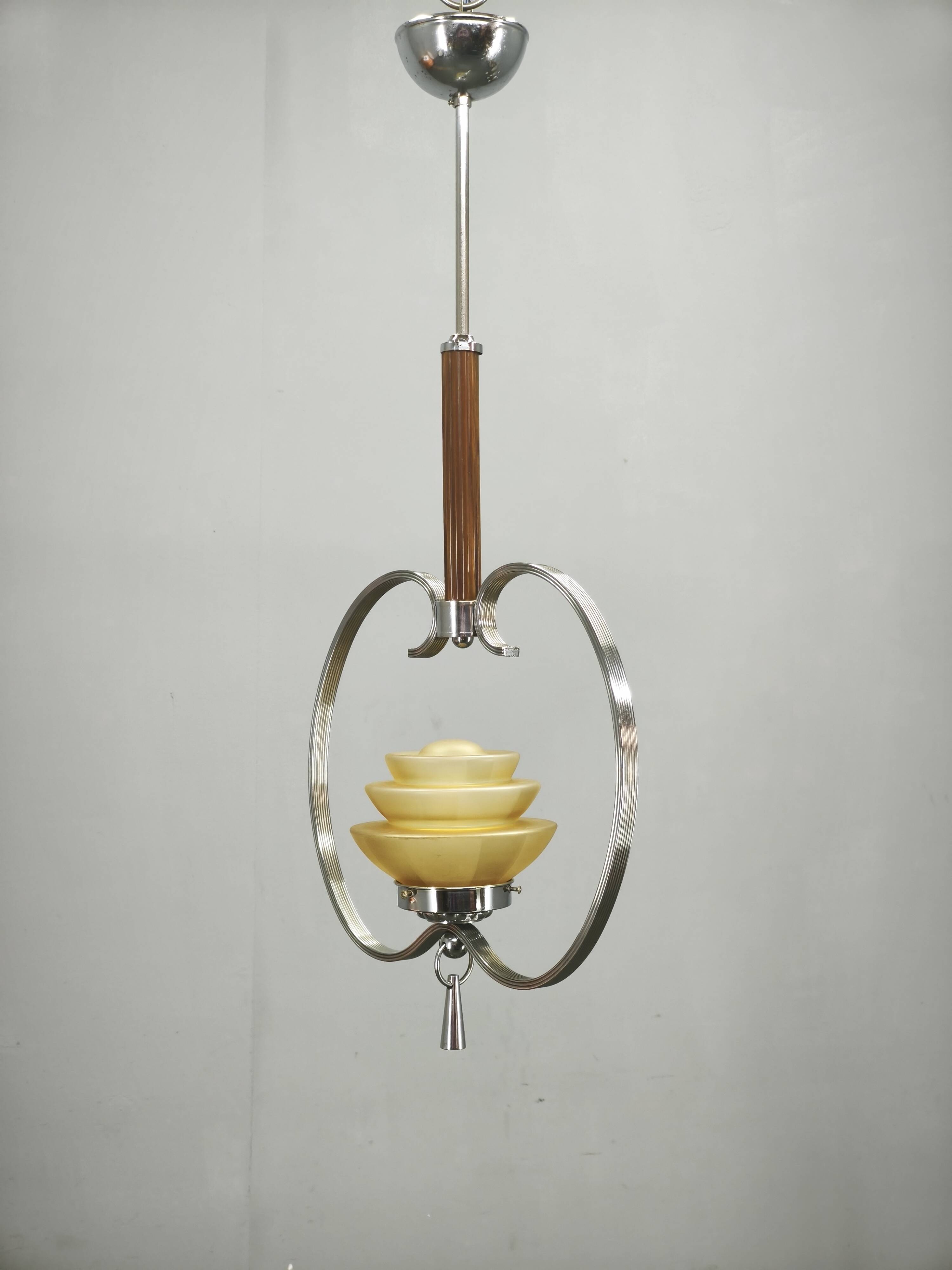 1930s Czech Art Deco Chrome and Frosted Glass Chandelier