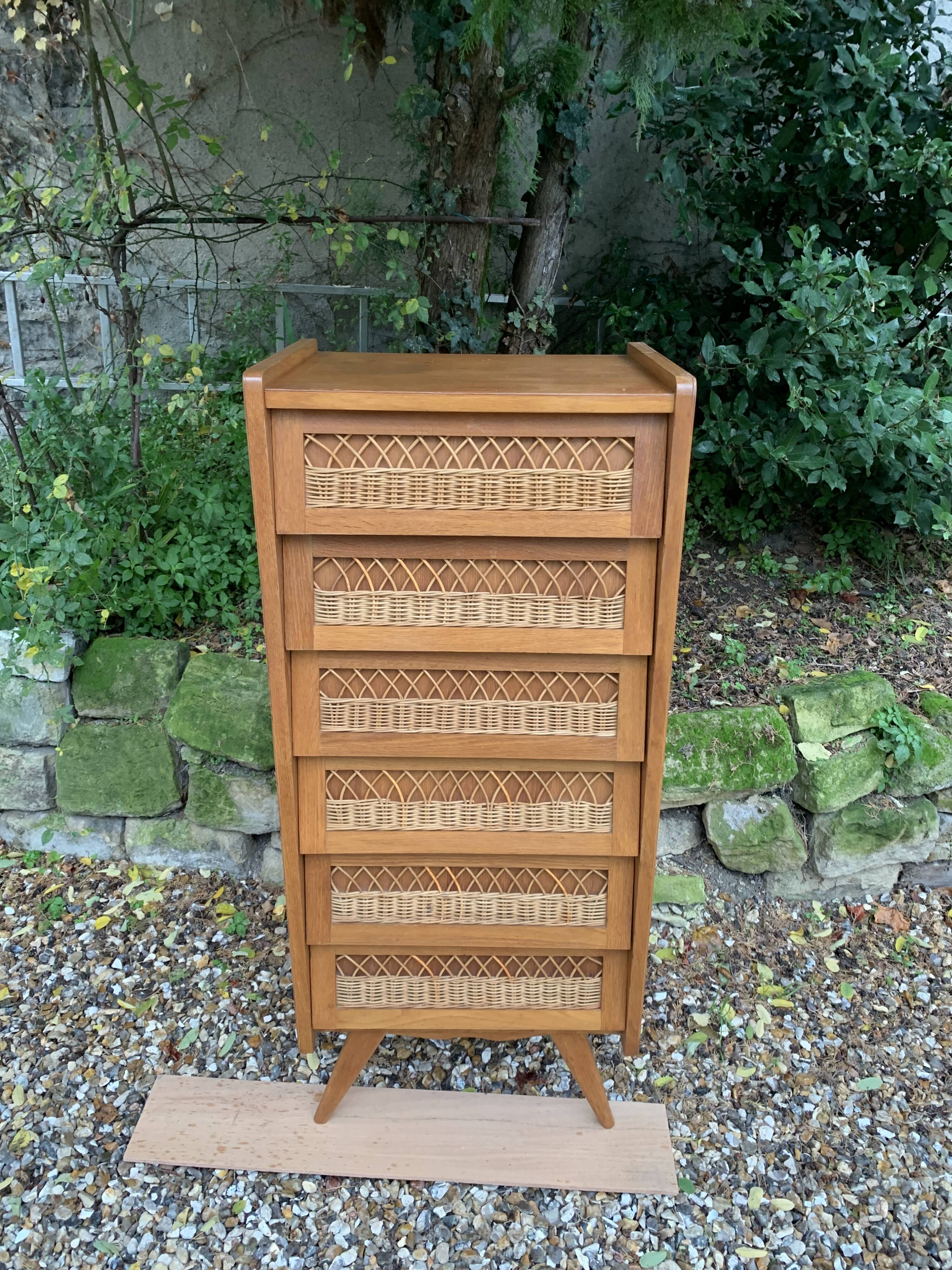 Vintage rattan chiffonier with compass feet 1950