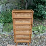 Chiffonnier vintage en rotin et pieds compas 1950
