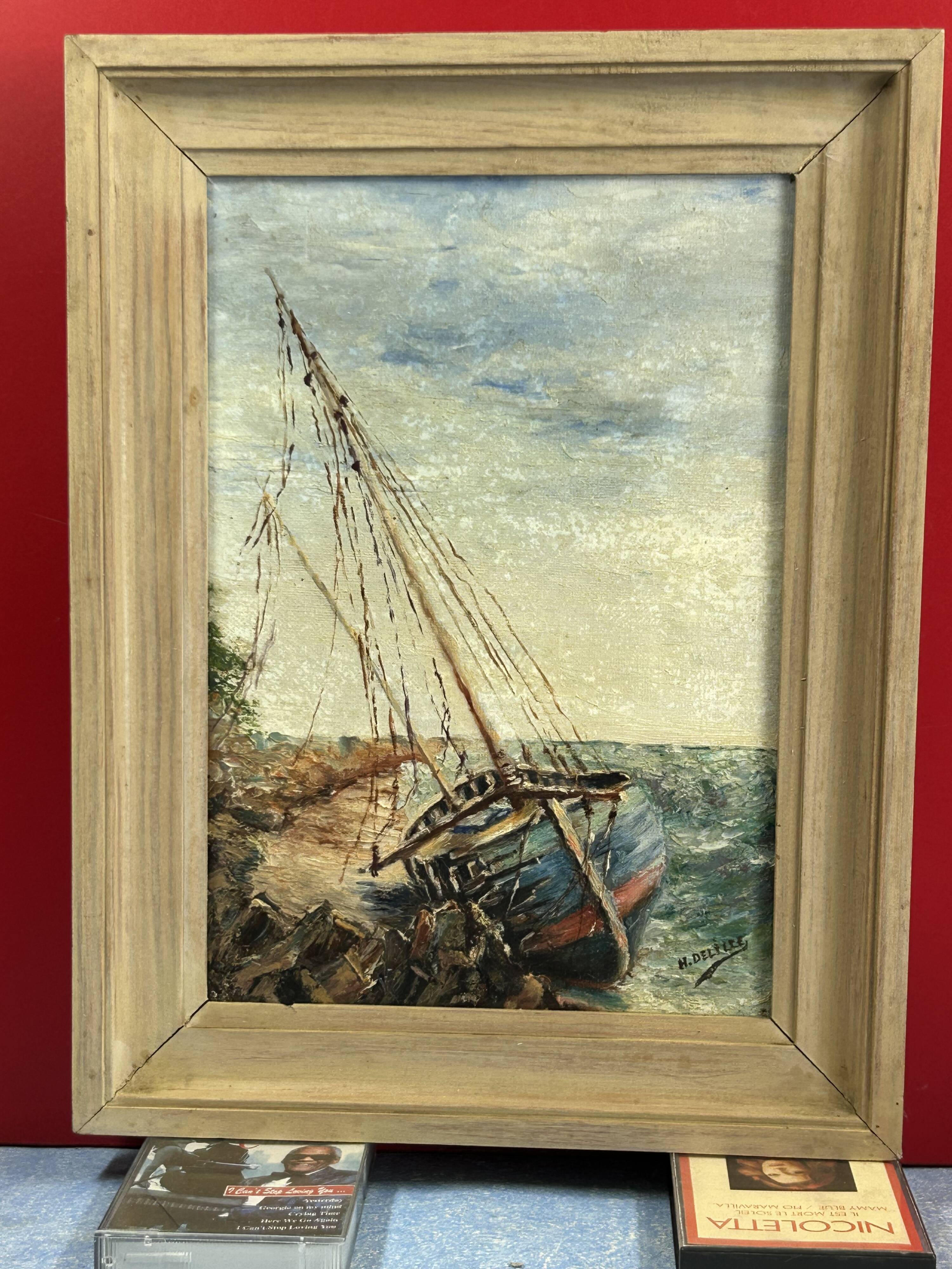 Oil on canvas Boat at the coast of Etel Damgan, Morbihan - H. Delille