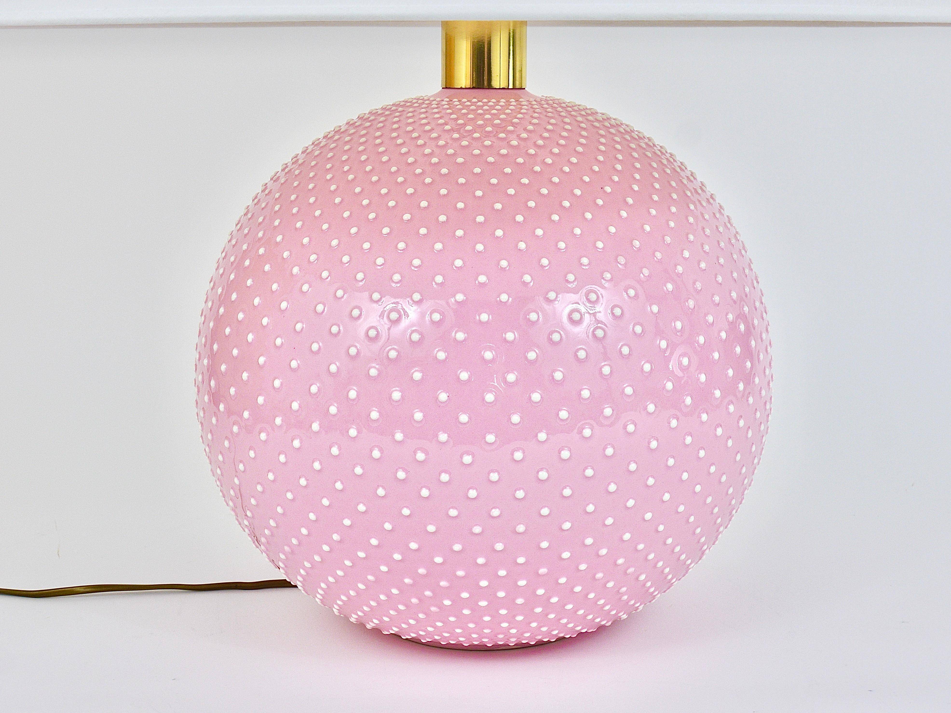 Pastel pink polka dot spherical table lamp, ceramic, brass, Studio Paf Milano, 1970.