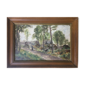 Tableau XIX° "Forêt de Fontainebleau" animée par Emile Daumont (1834-?)
