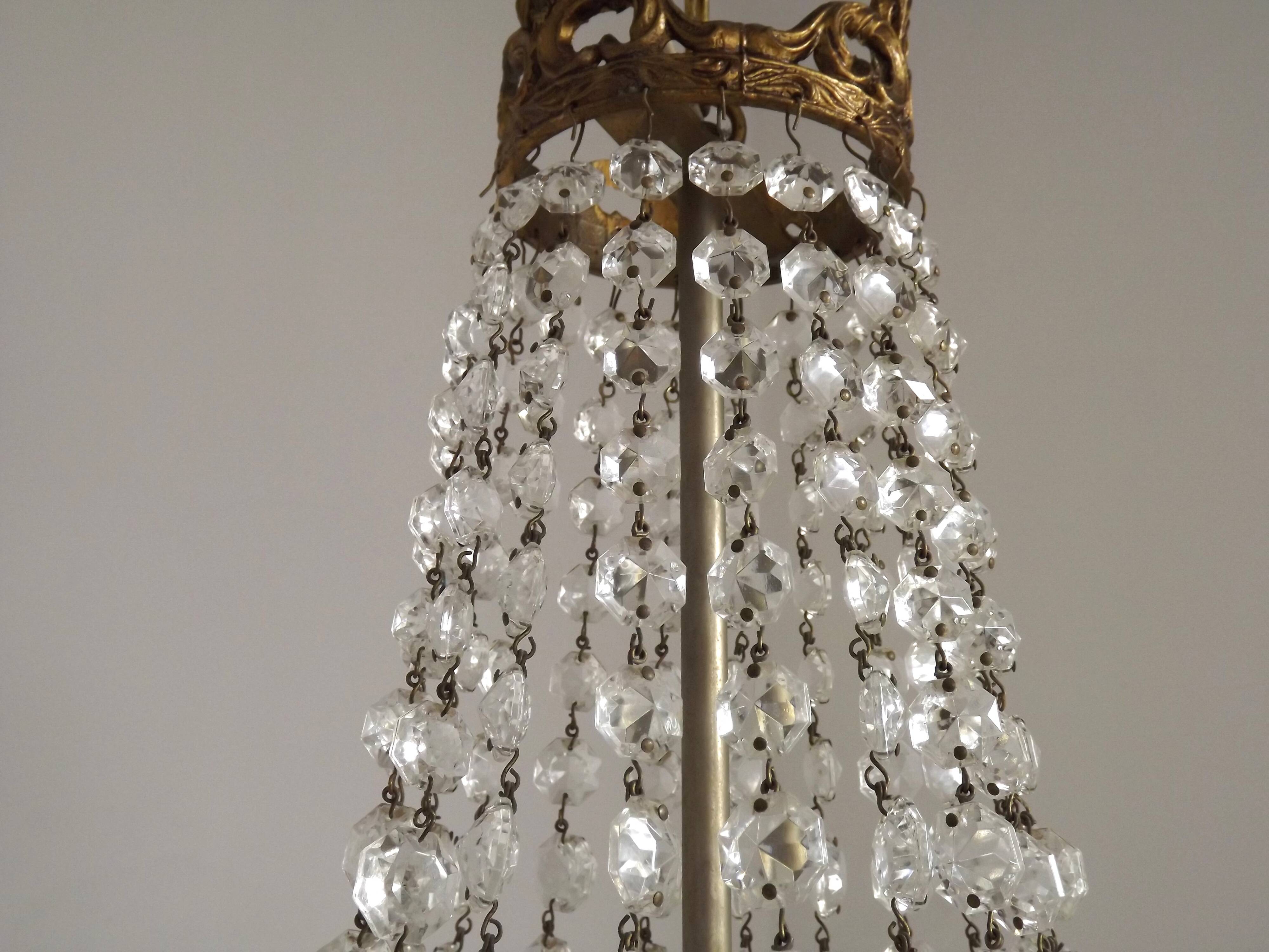 French Empire Style 3 Light Bronze Montgolfier Crystal Basket Chandelier