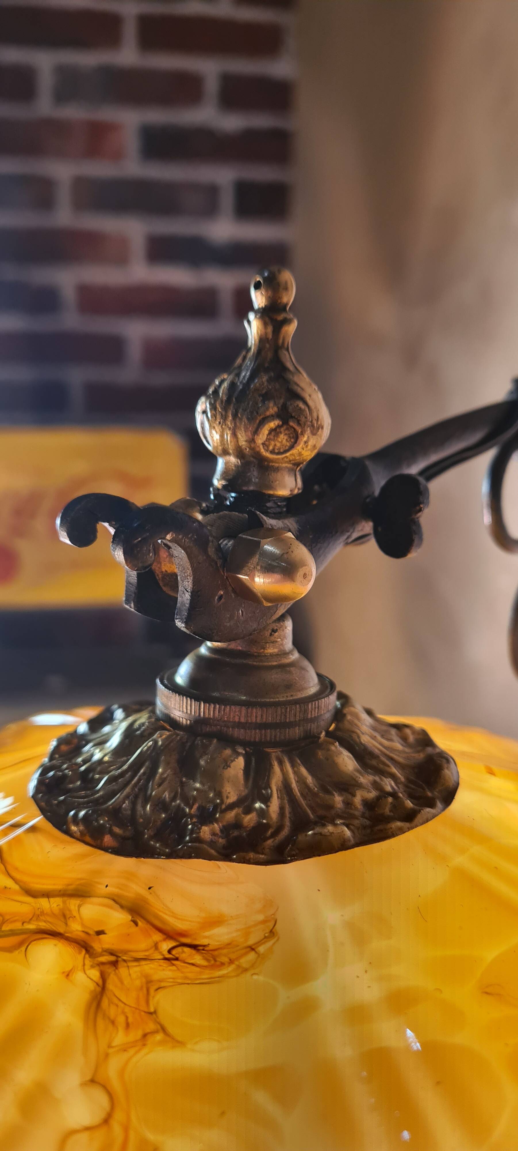 large wrought iron work lamp Andalusian style 1900 marbled opaline,,,, 49x25 magnificent and rare