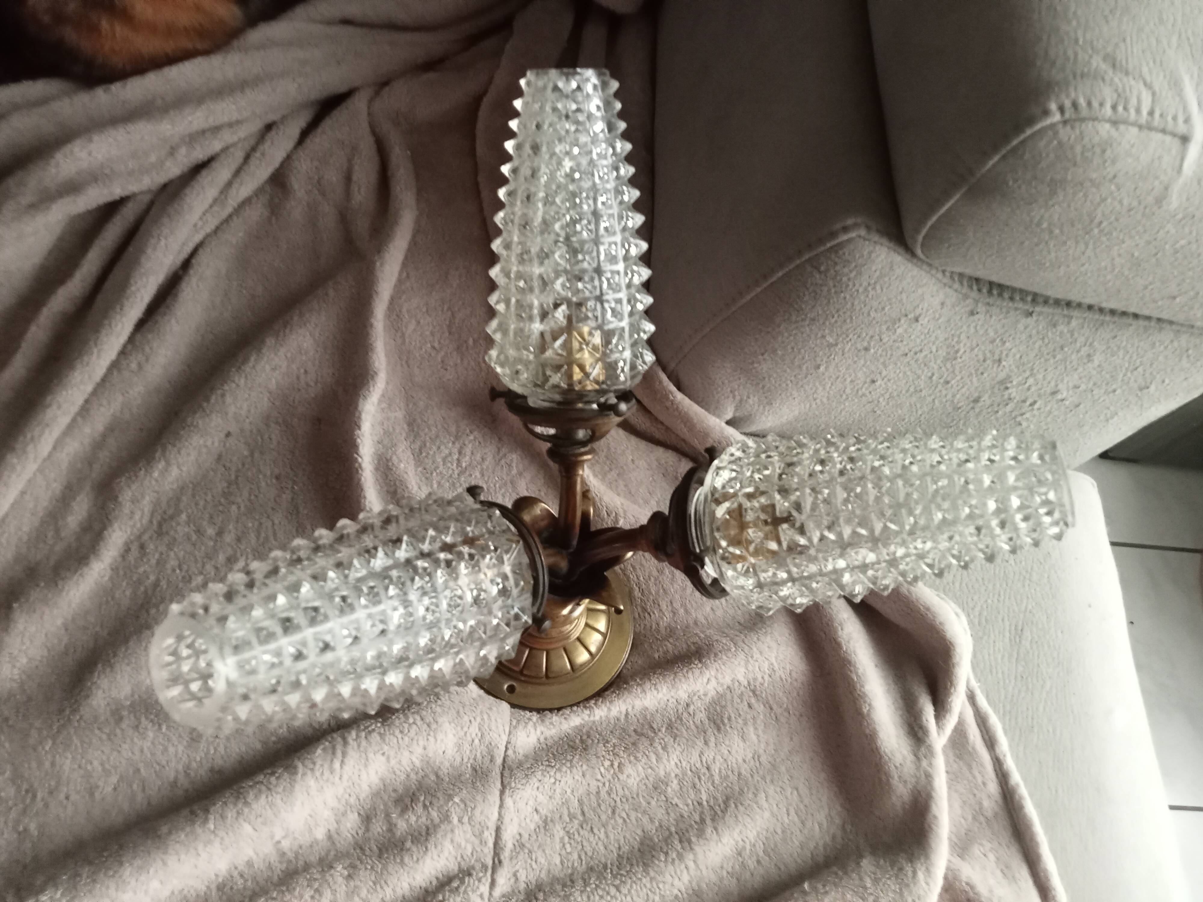 Vintage brass wall/ceiling light with 3 arms / moulded glass