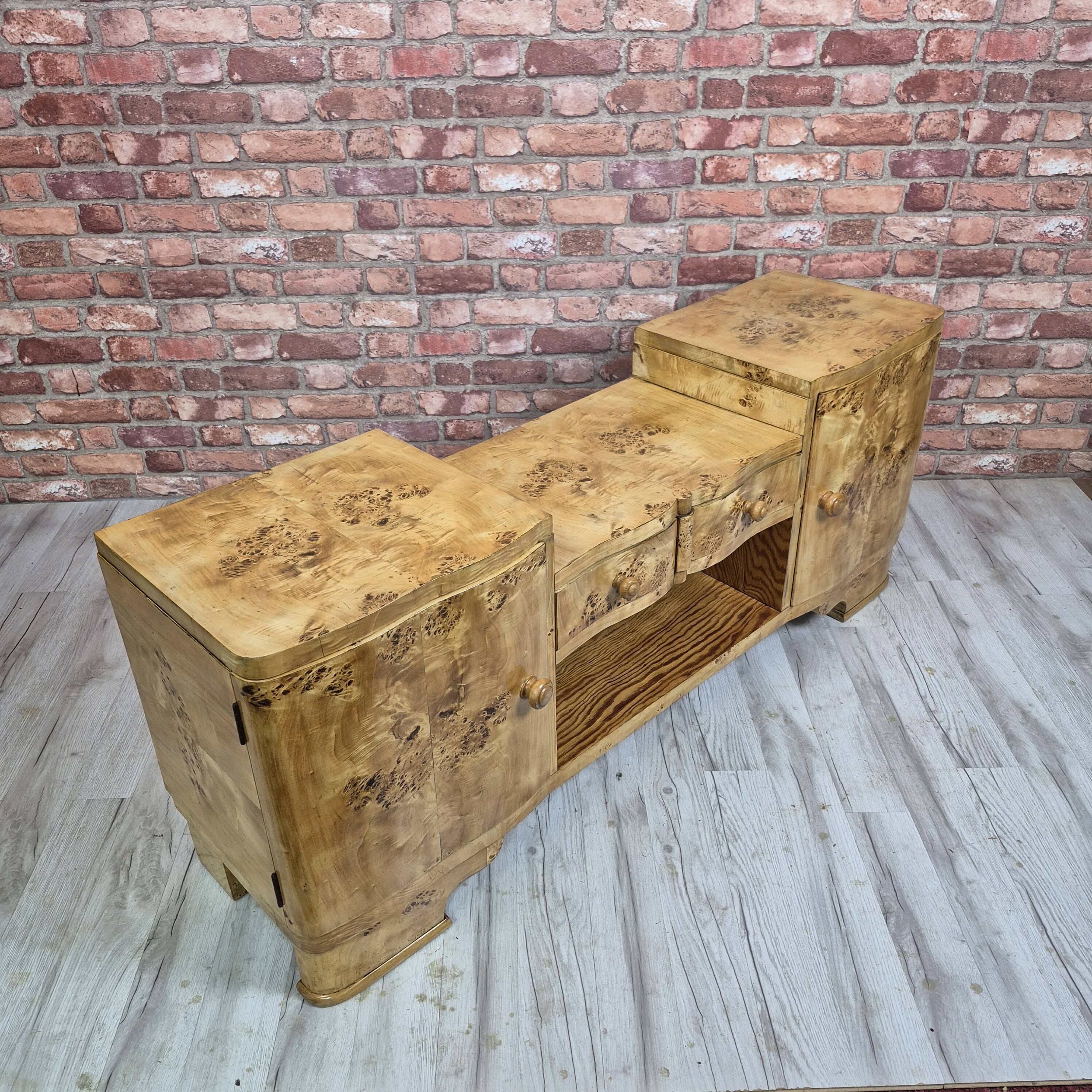 Rare Low Art Deco Blonde Burl TV Console Sideboard - 1930s Fully Restored