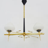 Vintage 2-spoke chandelier Moderniste Arlus from the 1950s. Black metal, brass, opaline
