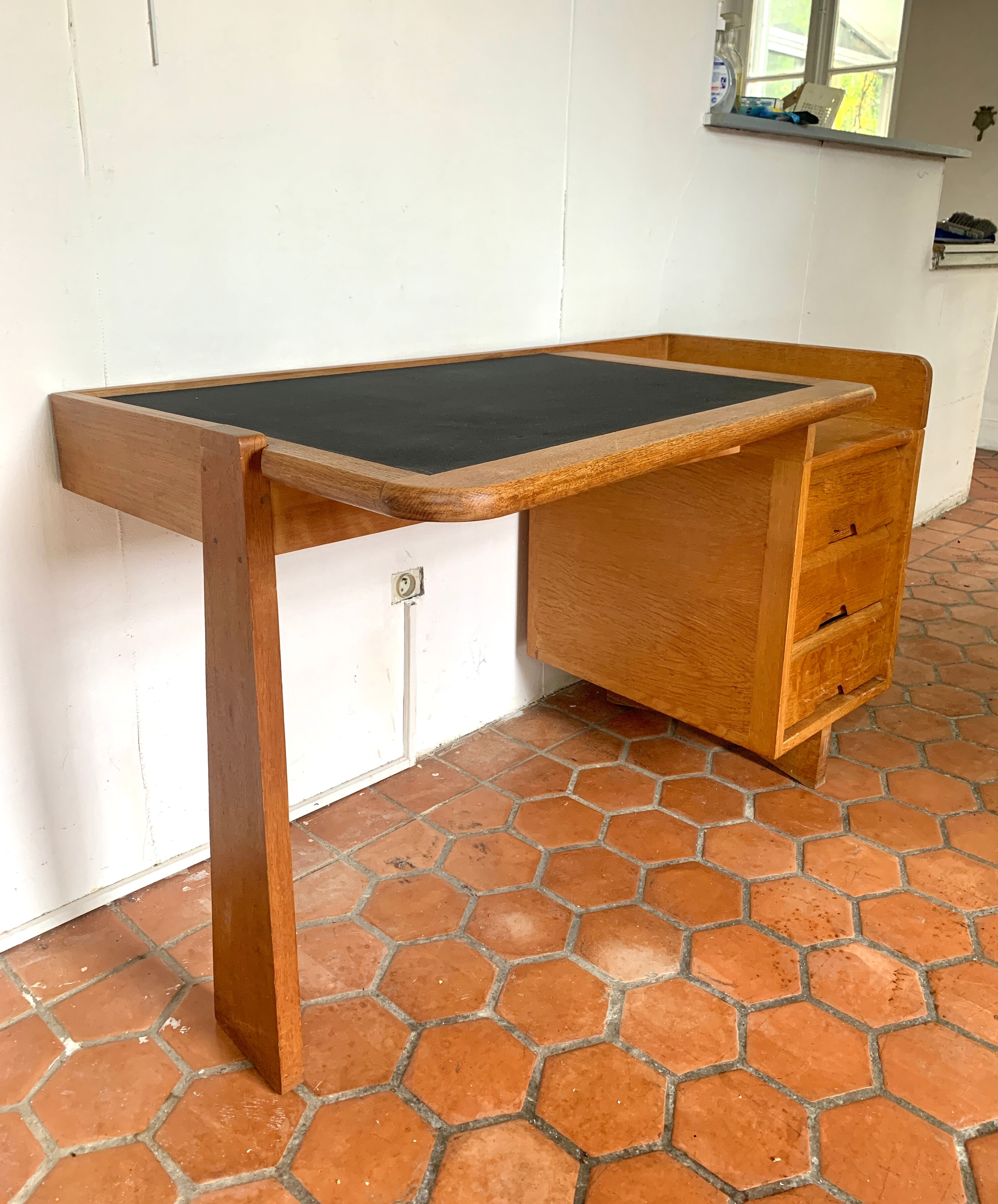 Solid oak desk Guillerme and Chambron 1960