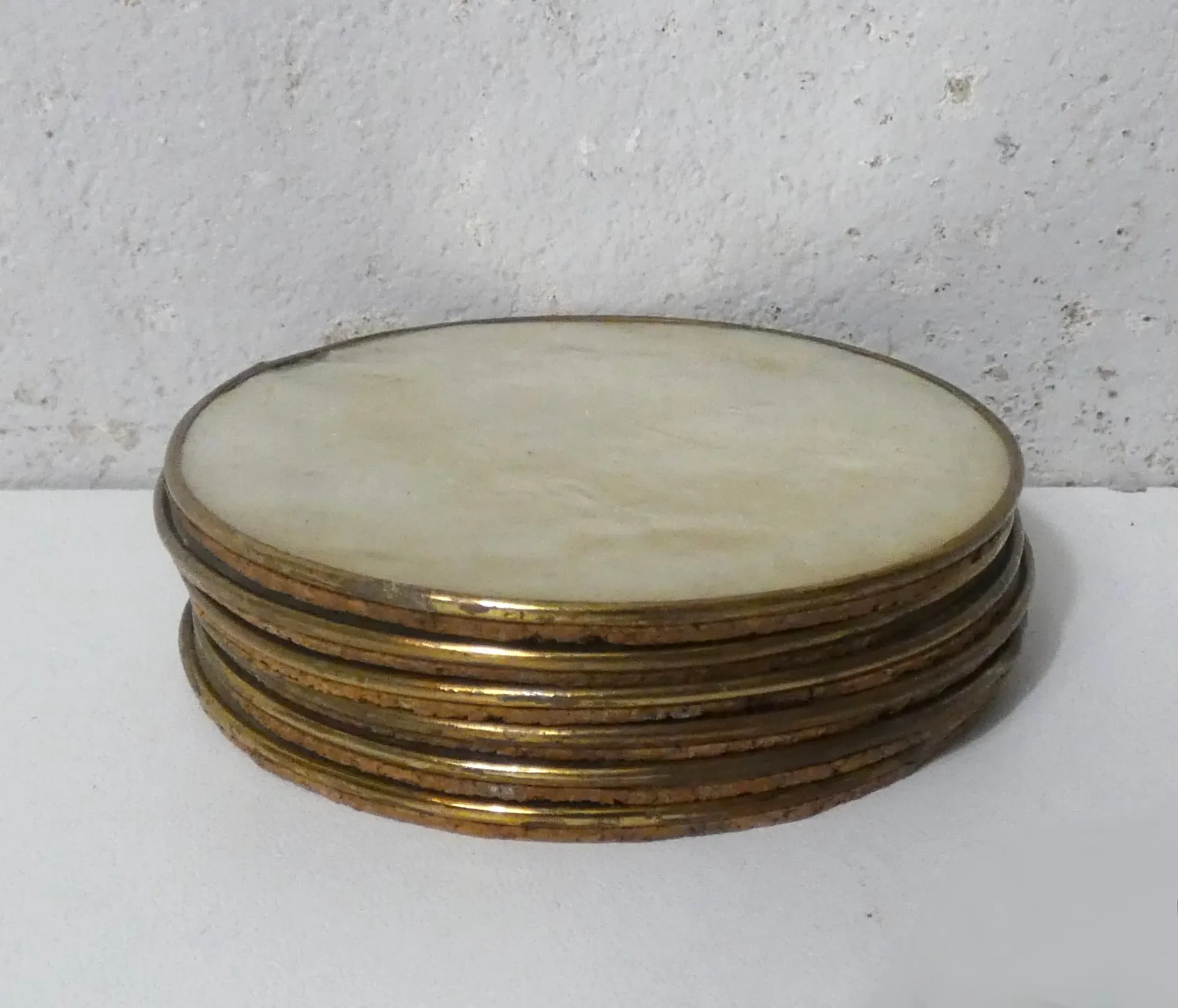 set of 6 vintage mother-of-pearl and brass coasters