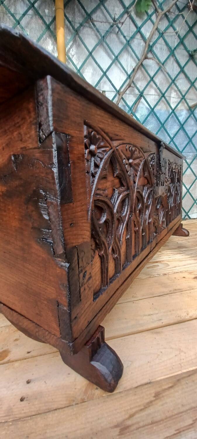 Old Gothic chest 17th century solid oak