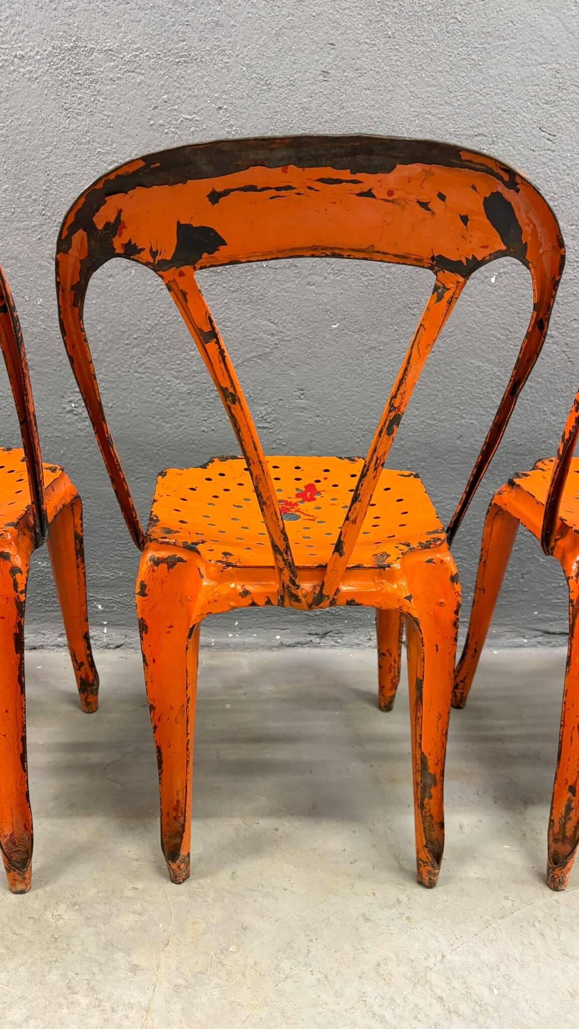 Set of four industrial metal dining chairs by Joseph Mathieu, painted steel, 1920s, France