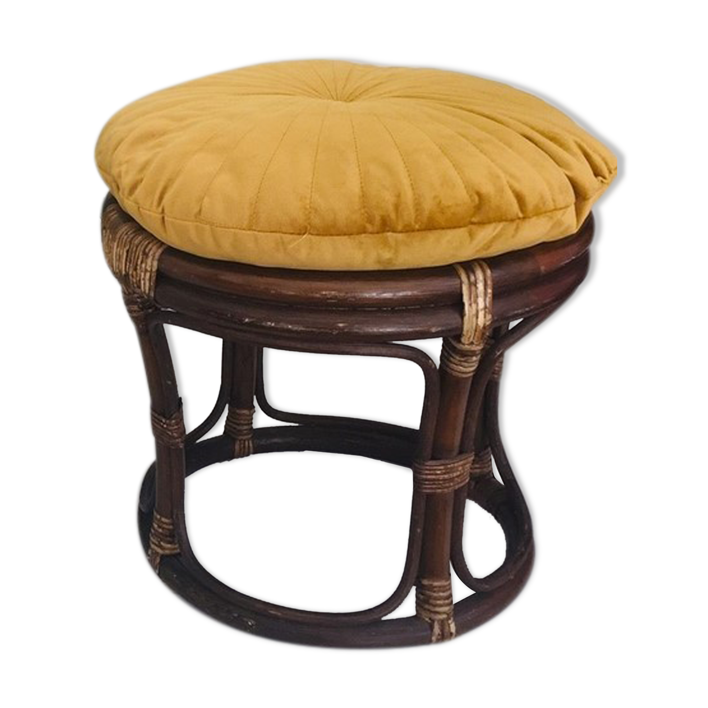 Vintage rattan ottoman, bamboo 70s with its cushion